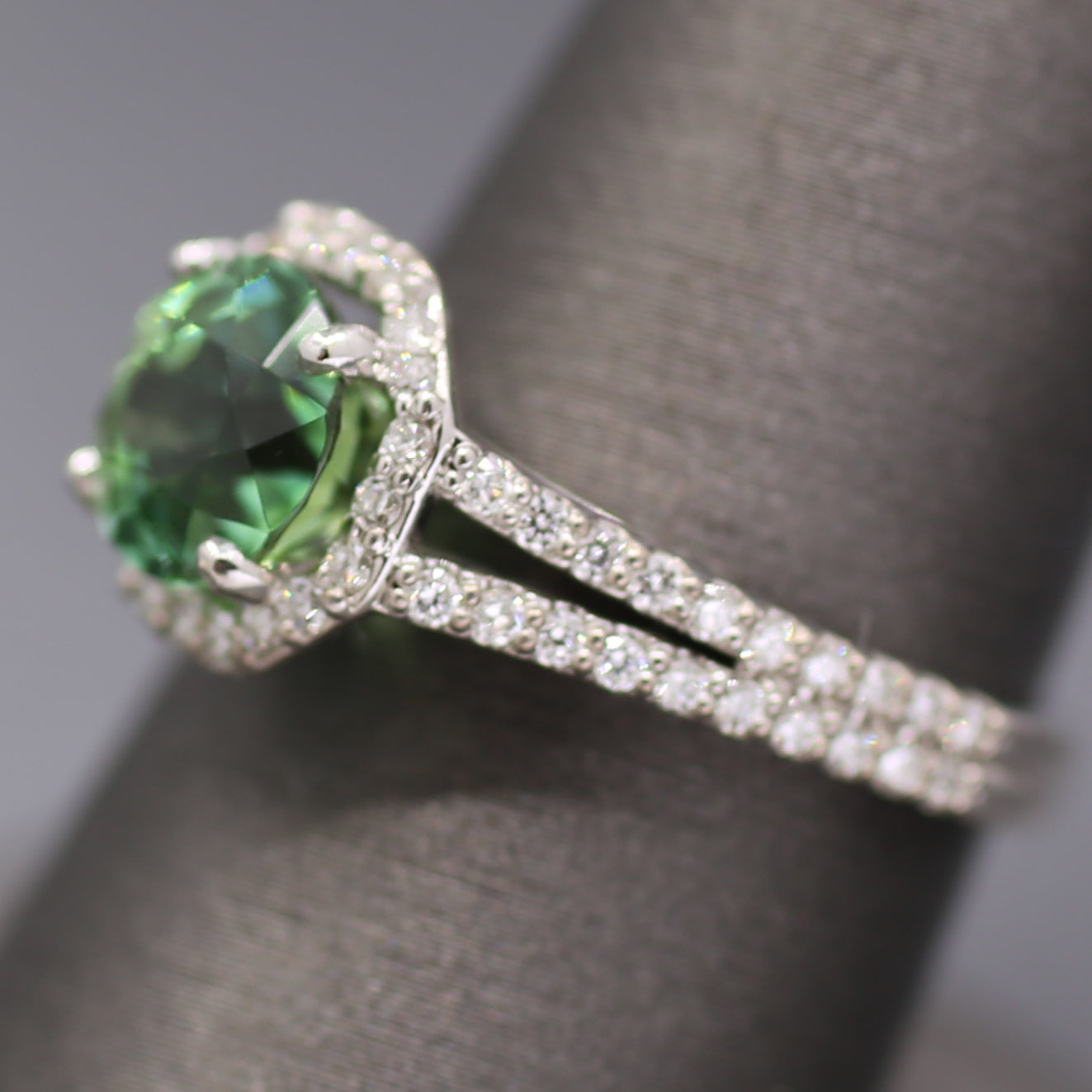 Exquisite Mint Green Tourmaline and Diamond Split Shank Ring in 14k White Gold