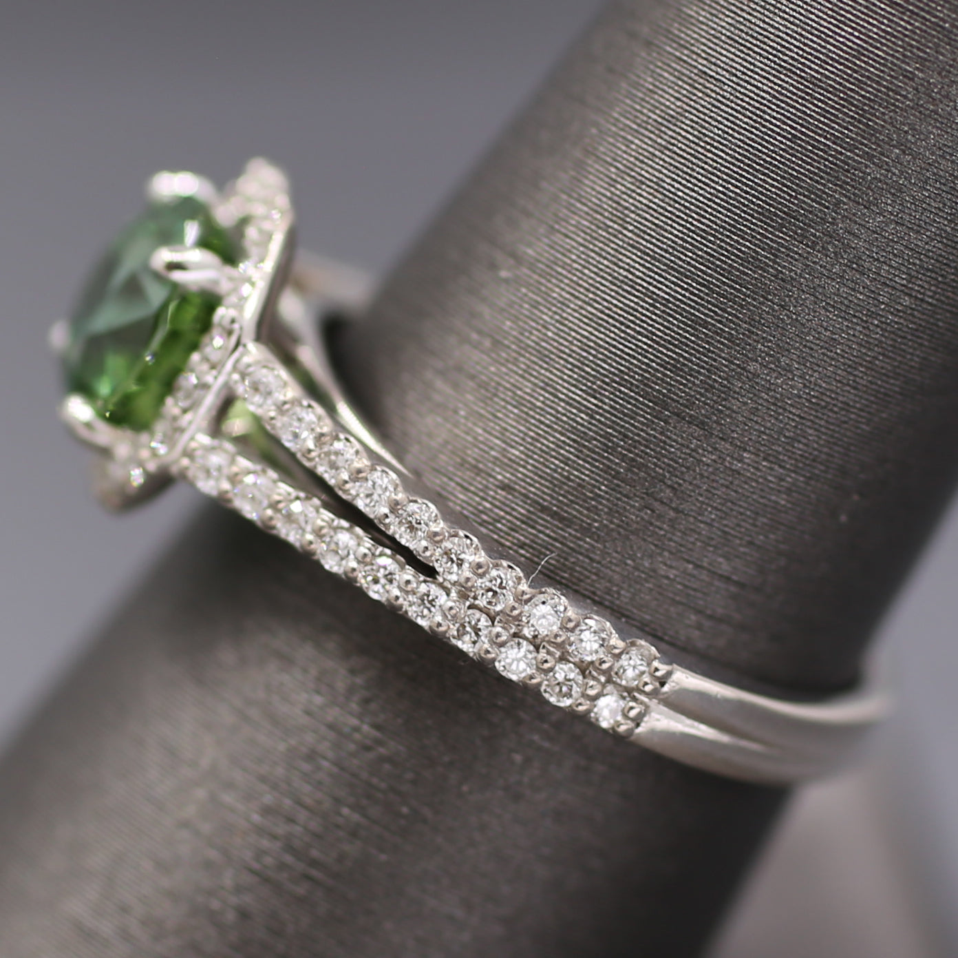Exquisite Mint Green Tourmaline and Diamond Split Shank Ring in 14k White Gold
