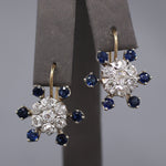 Sparkling Old Mine Cut Diamond Cluster and Sapphire Earrings in 14k