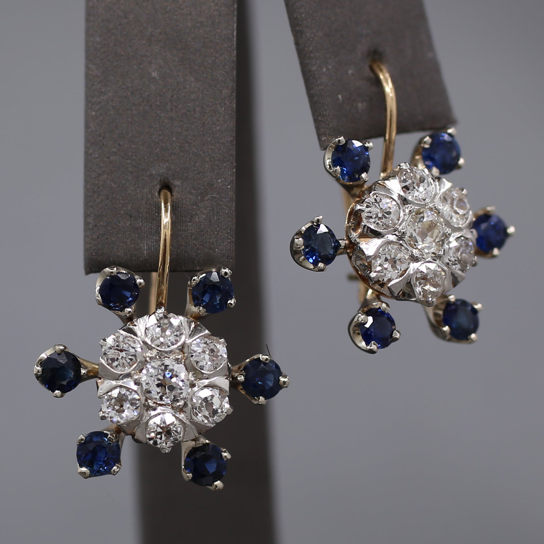 Sparkling Old Mine Cut Diamond Cluster and Sapphire Earrings in 14k