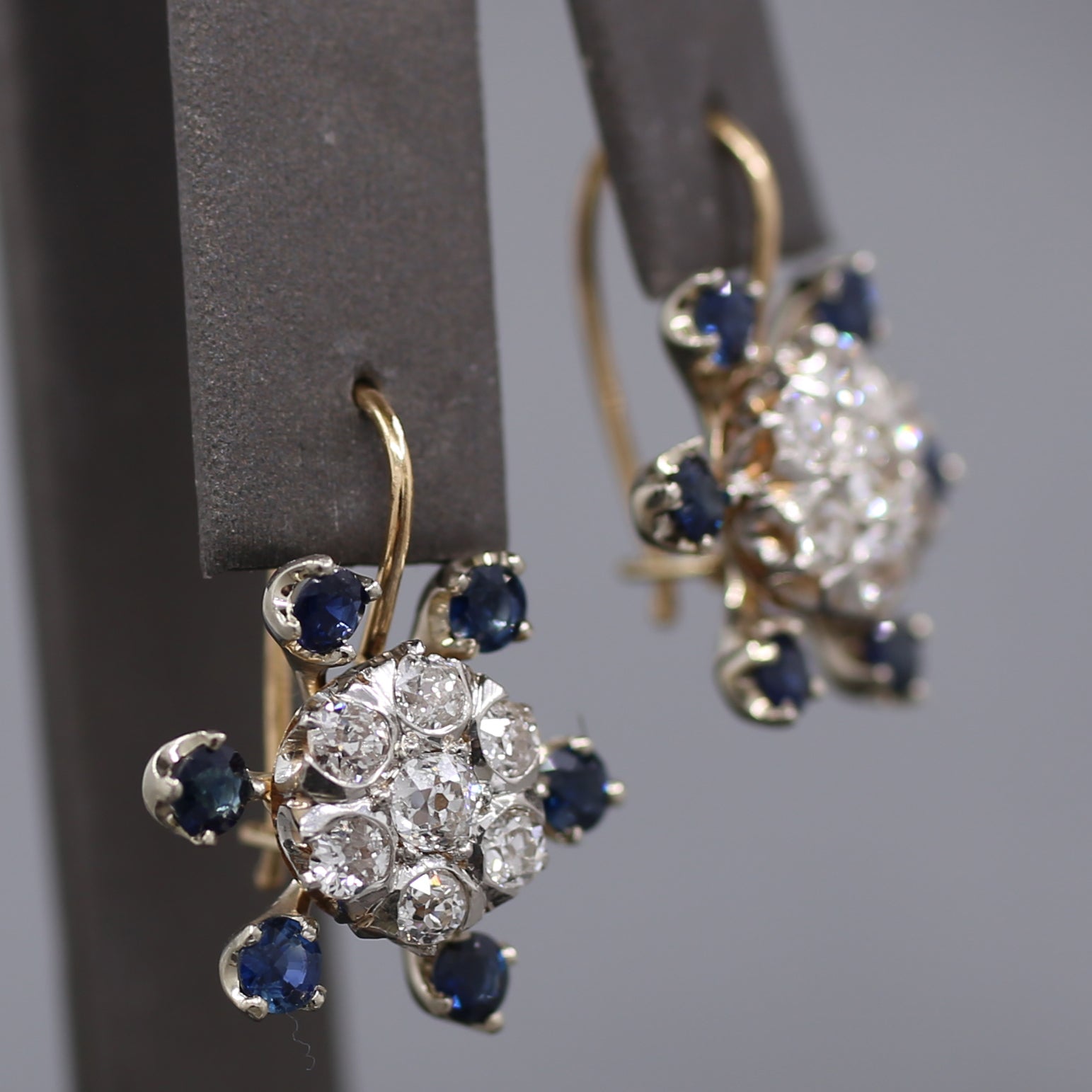 Sparkling Old Mine Cut Diamond Cluster and Sapphire Earrings in 14k