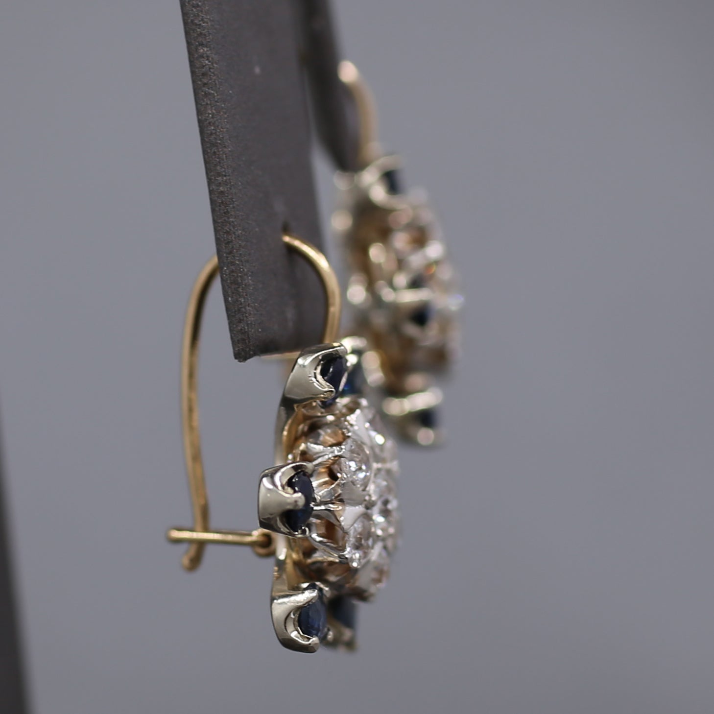 Sparkling Old Mine Cut Diamond Cluster and Sapphire Earrings in 14k