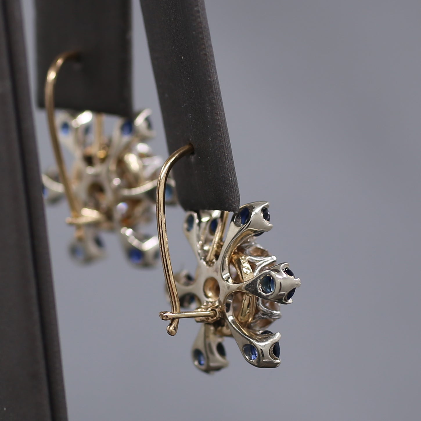 Sparkling Old Mine Cut Diamond Cluster and Sapphire Earrings in 14k