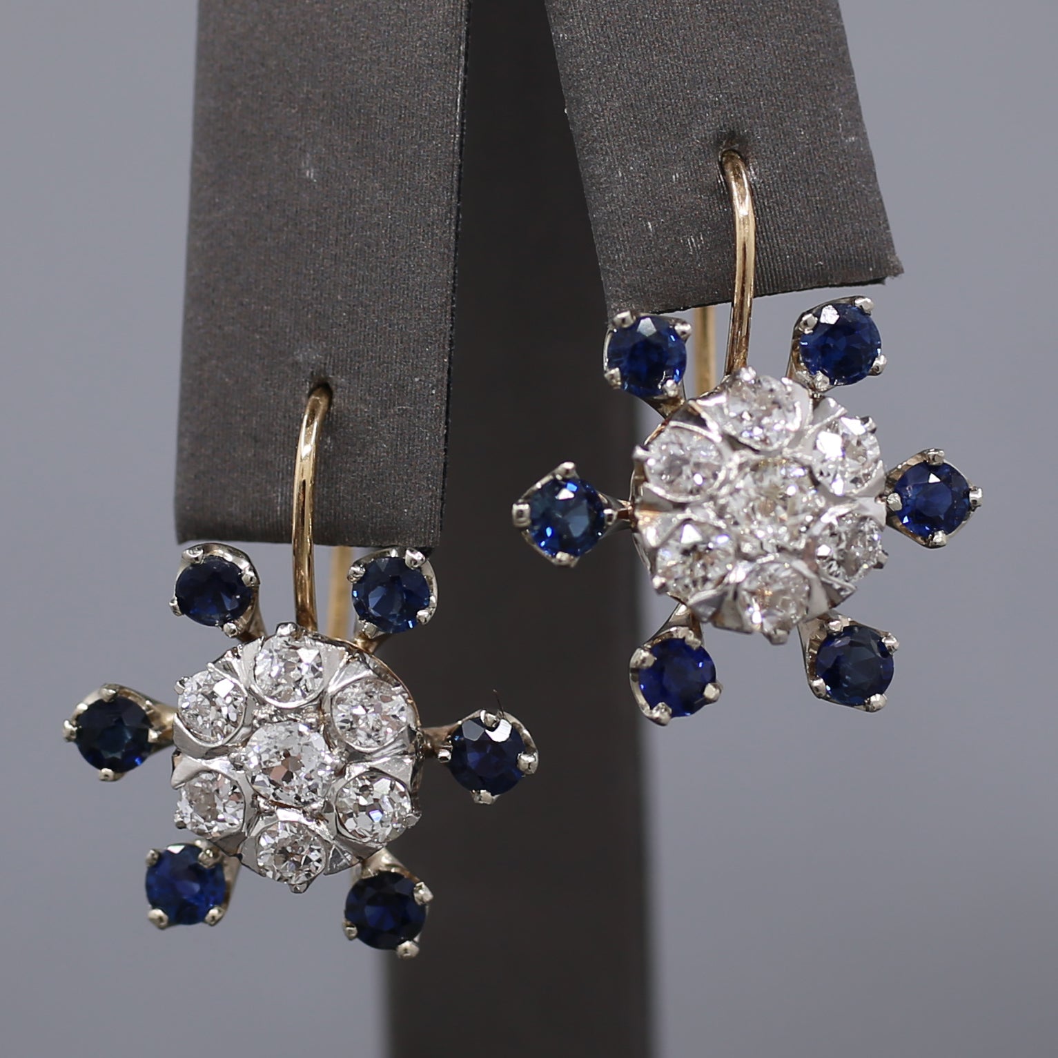 Sparkling Old Mine Cut Diamond Cluster and Sapphire Earrings in 14k