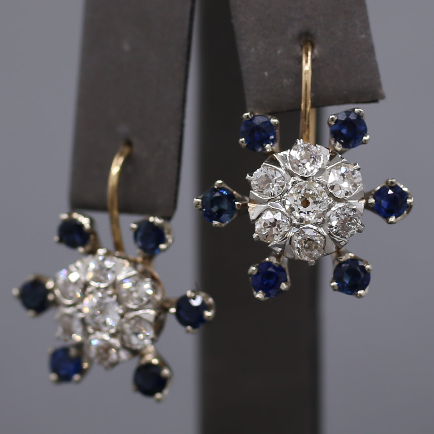 Sparkling Old Mine Cut Diamond Cluster and Sapphire Earrings in 14k