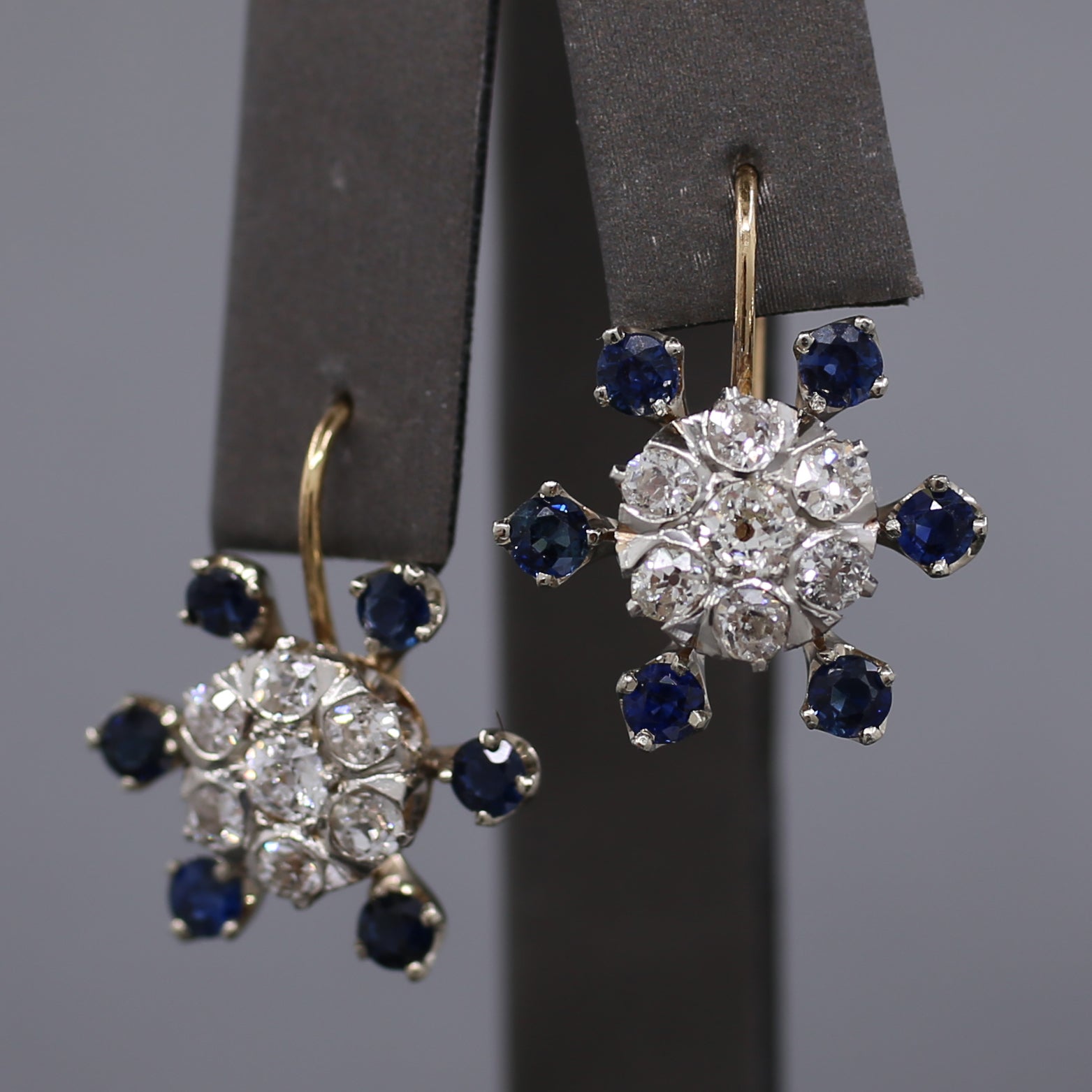 Sparkling Old Mine Cut Diamond Cluster and Sapphire Earrings in 14k