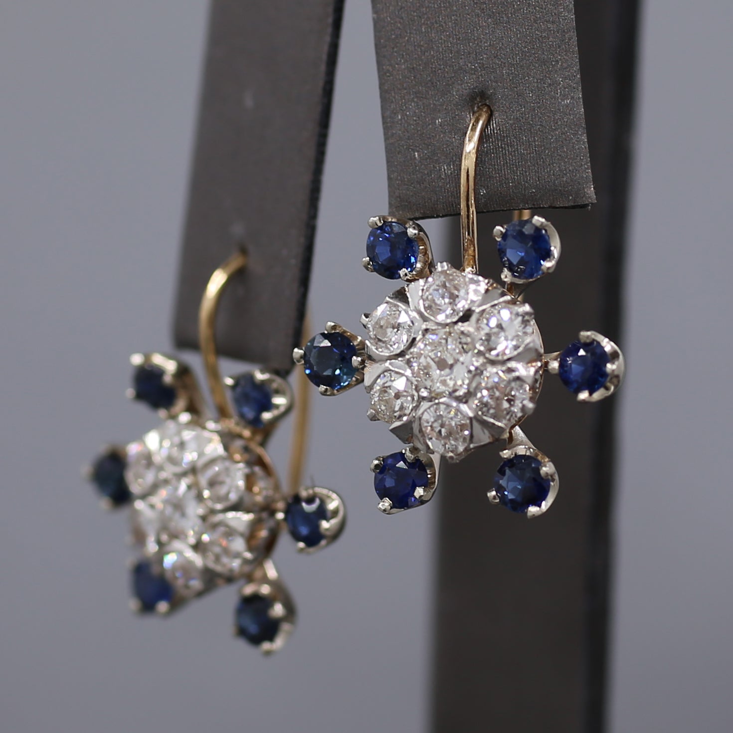 Sparkling Old Mine Cut Diamond Cluster and Sapphire Earrings in 14k