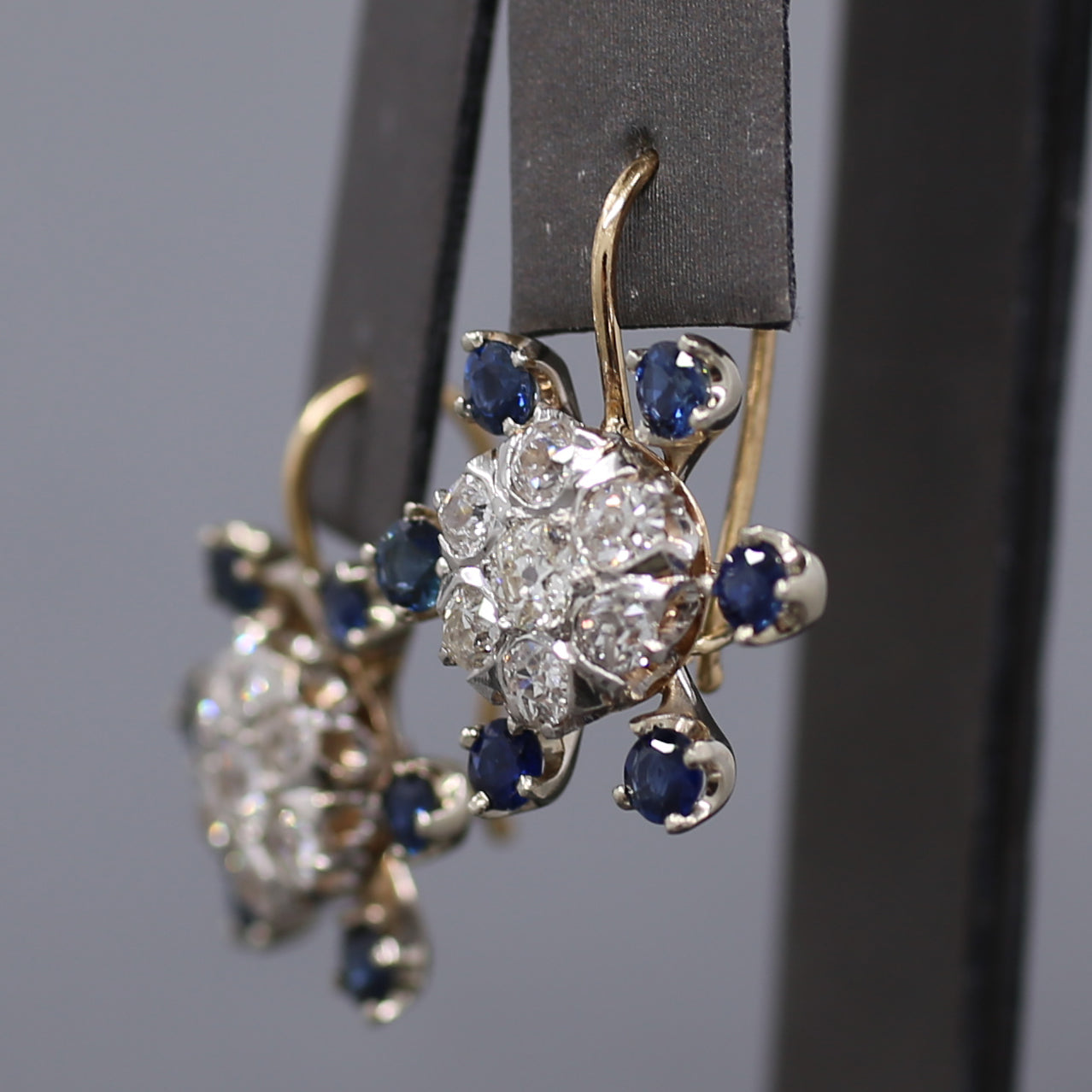 Sparkling Old Mine Cut Diamond Cluster and Sapphire Earrings in 14k