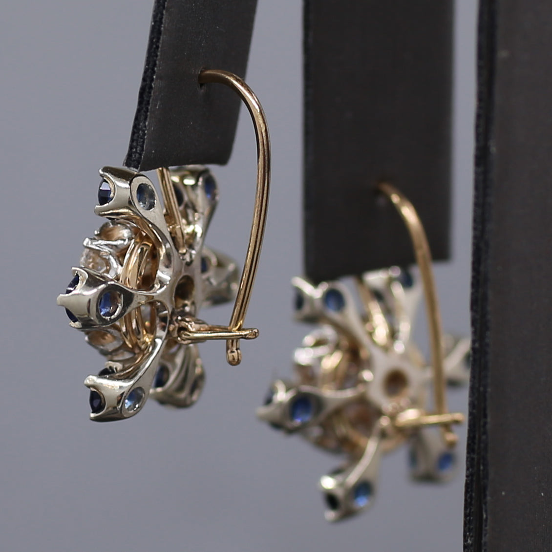 Sparkling Old Mine Cut Diamond Cluster and Sapphire Earrings in 14k