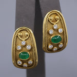 Etruscan Revival Bezel Set Emerald and Diamond Earrings in 18k Yellow Gold