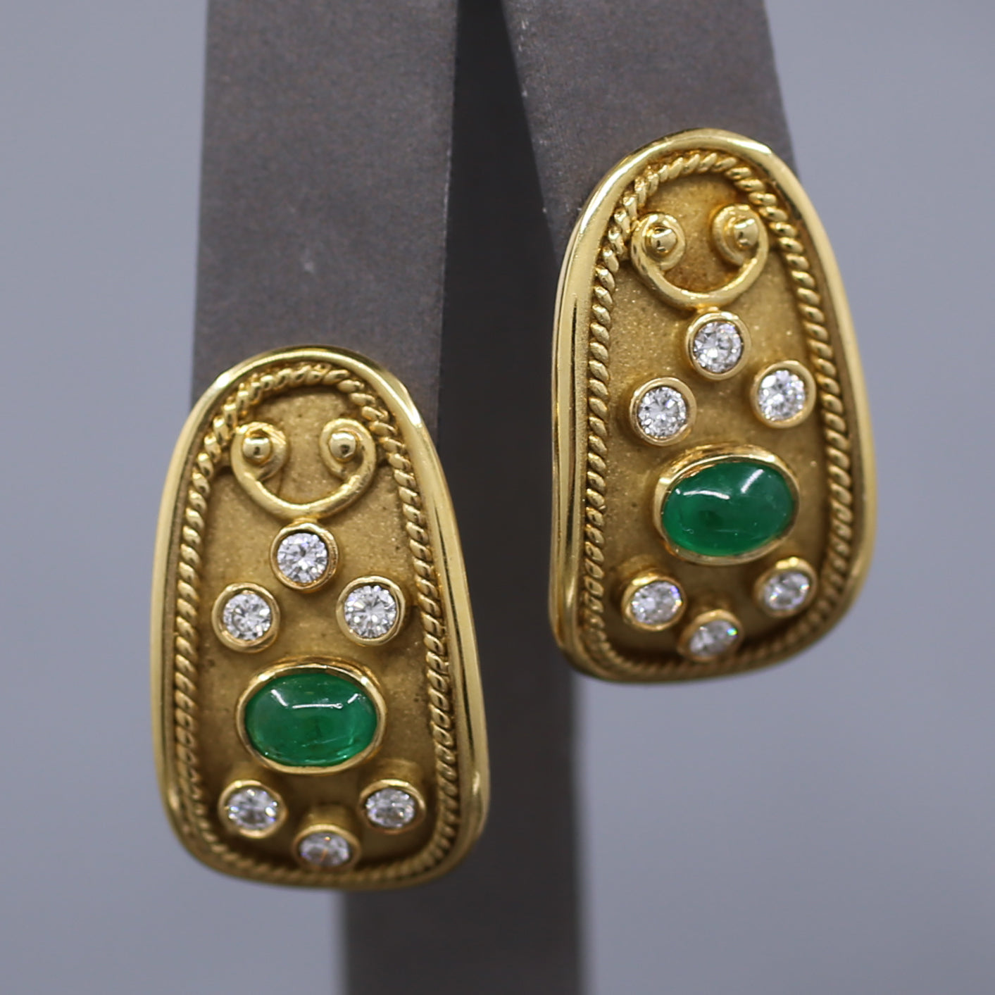 Etruscan Revival Bezel Set Emerald and Diamond Earrings in 18k Yellow Gold