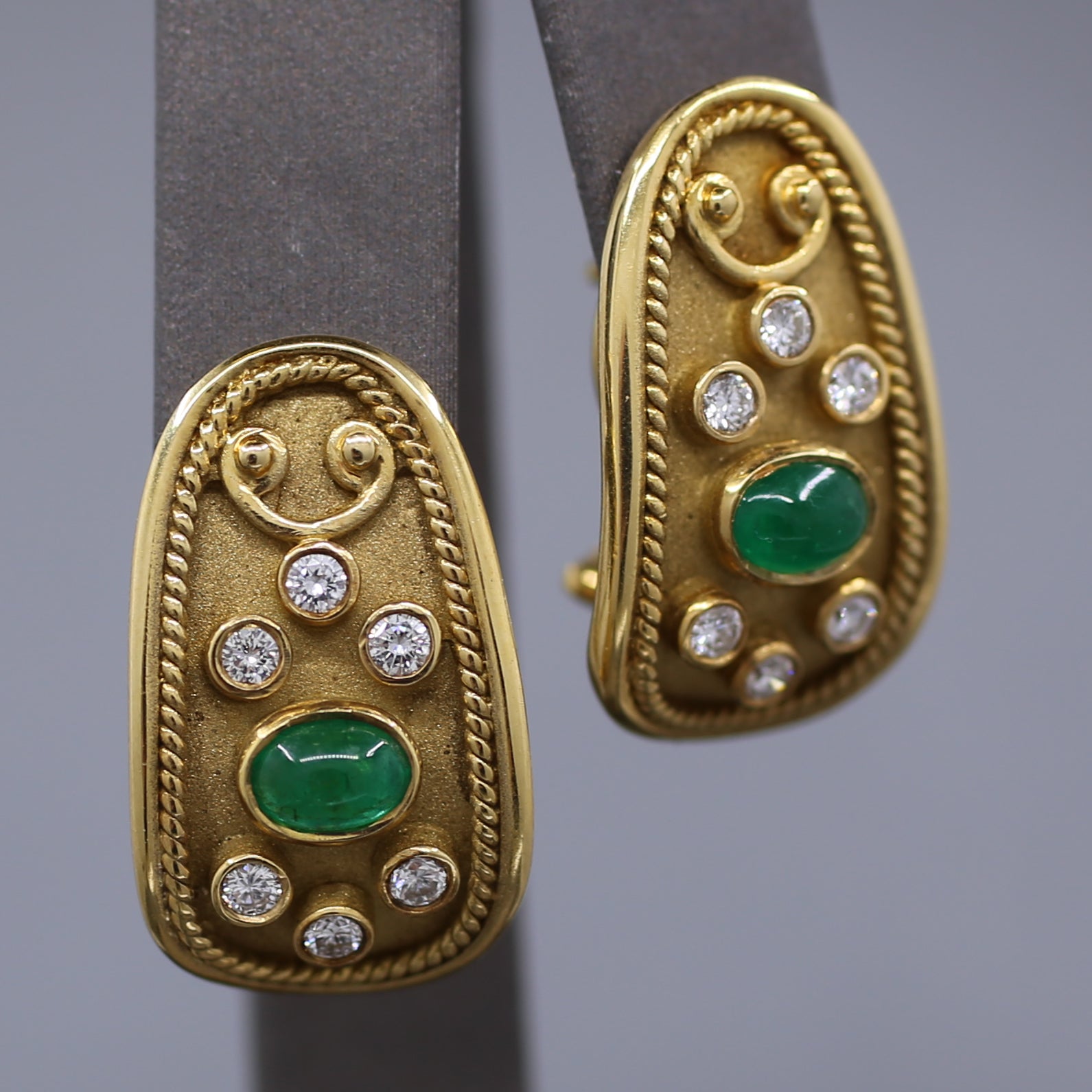 Etruscan Revival Bezel Set Emerald and Diamond Earrings in 18k Yellow Gold