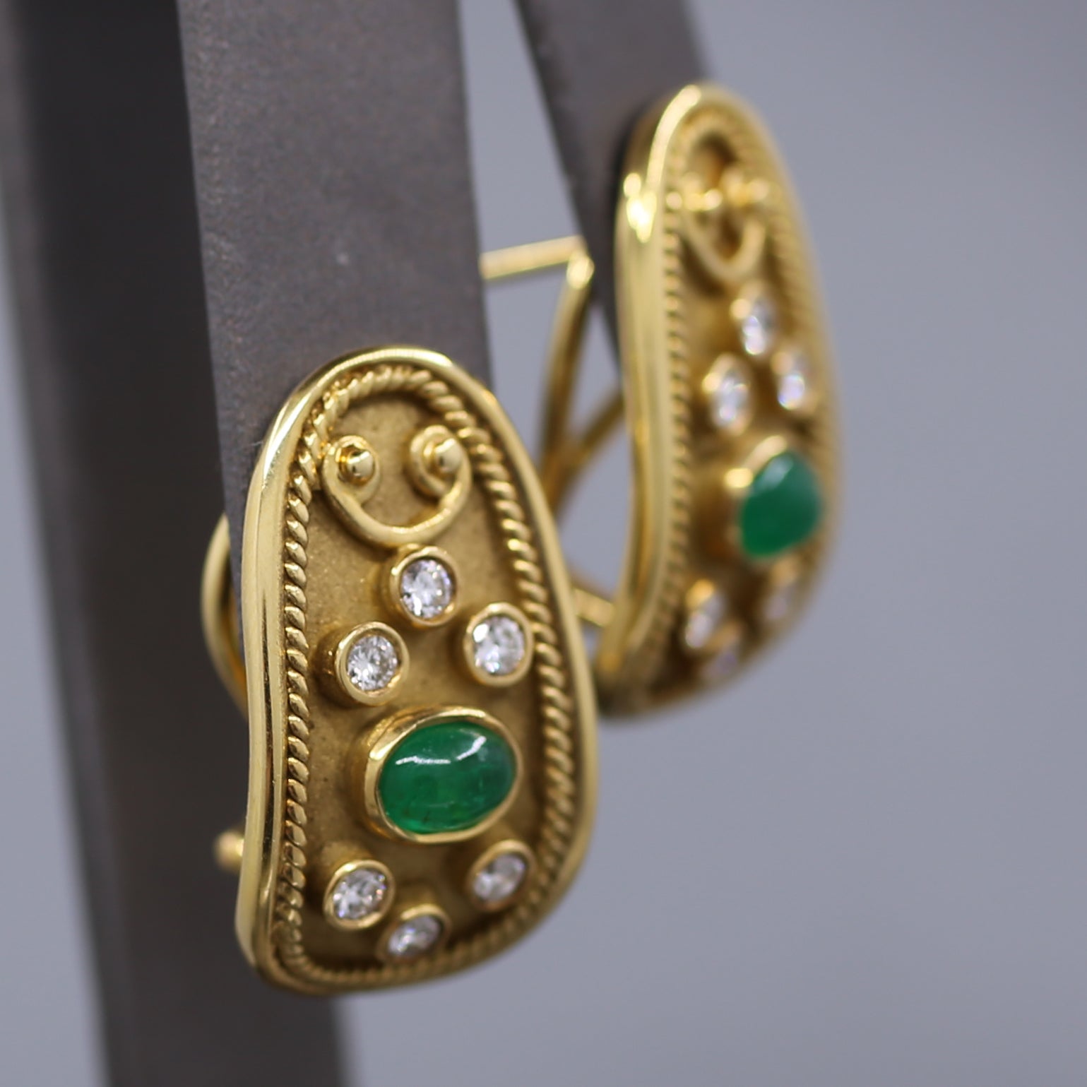 Etruscan Revival Bezel Set Emerald and Diamond Earrings in 18k Yellow Gold
