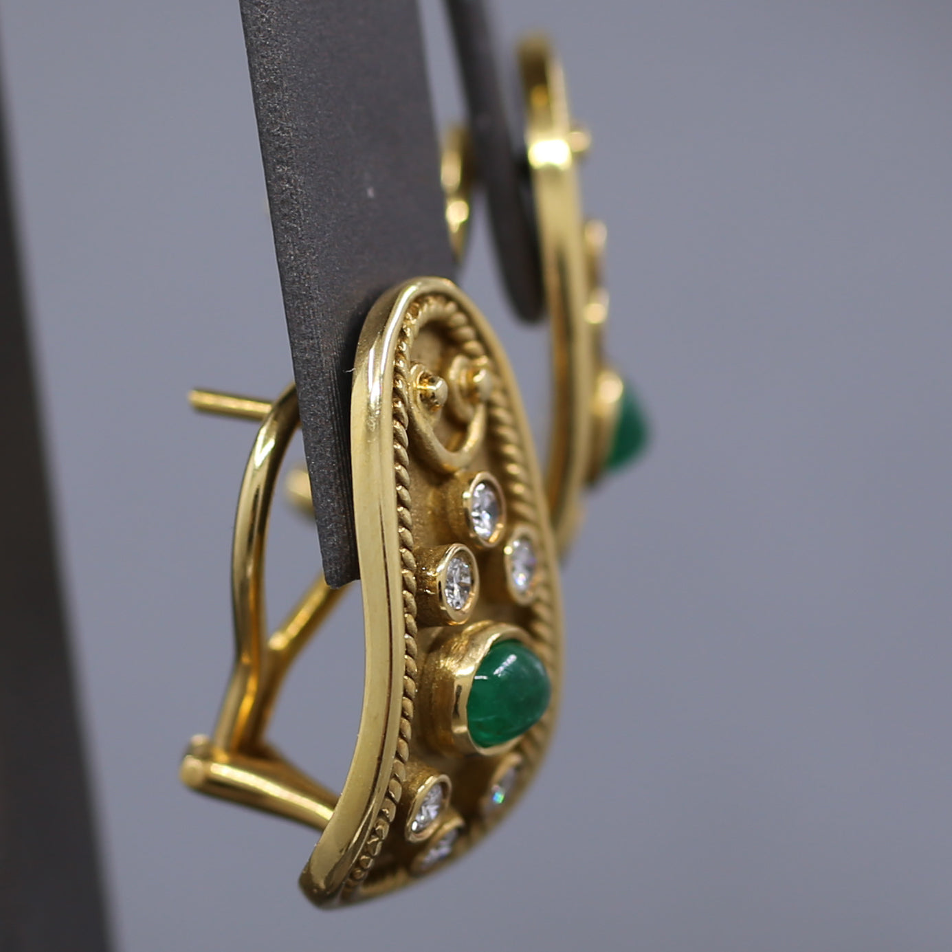 Etruscan Revival Bezel Set Emerald and Diamond Earrings in 18k Yellow Gold