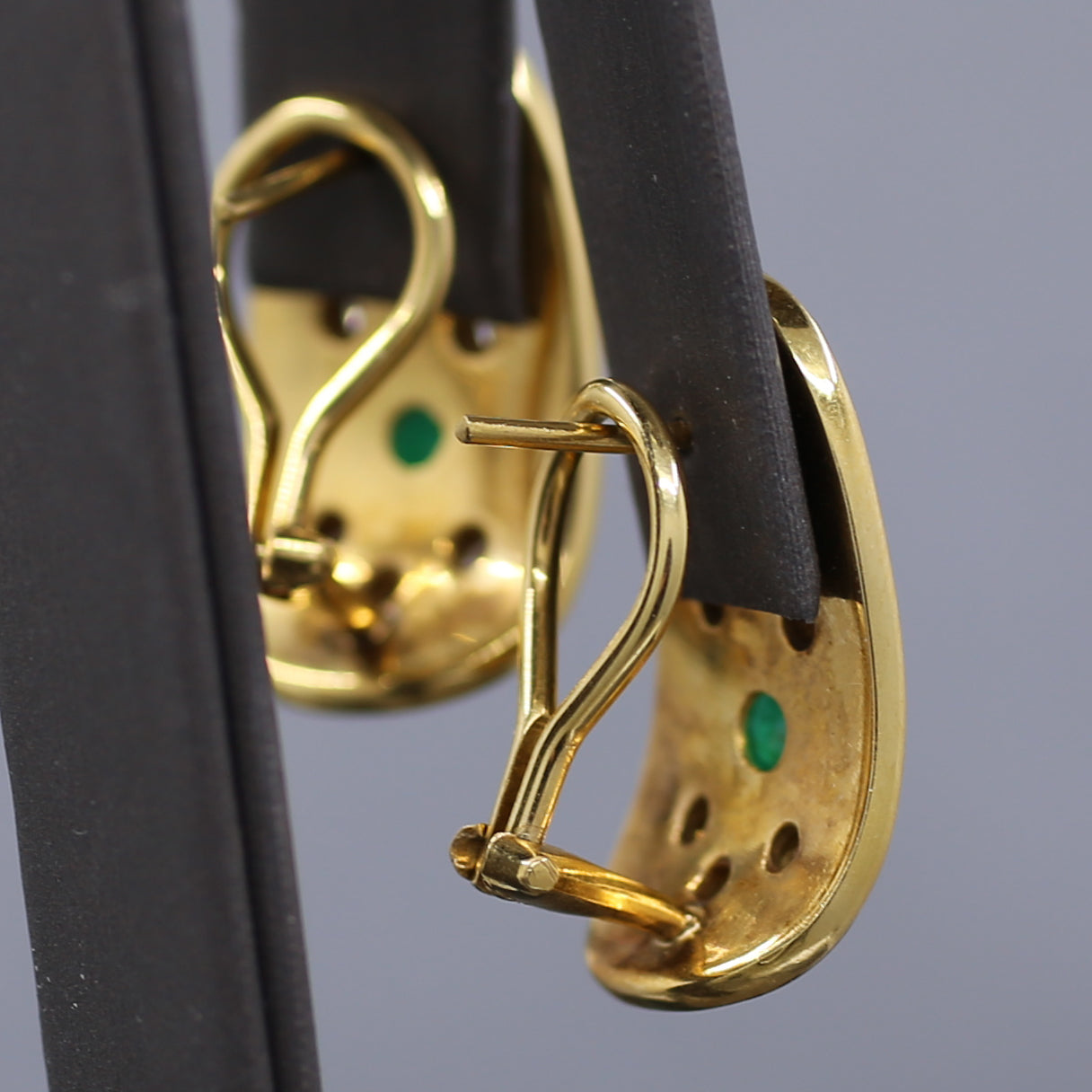 Etruscan Revival Bezel Set Emerald and Diamond Earrings in 18k Yellow Gold