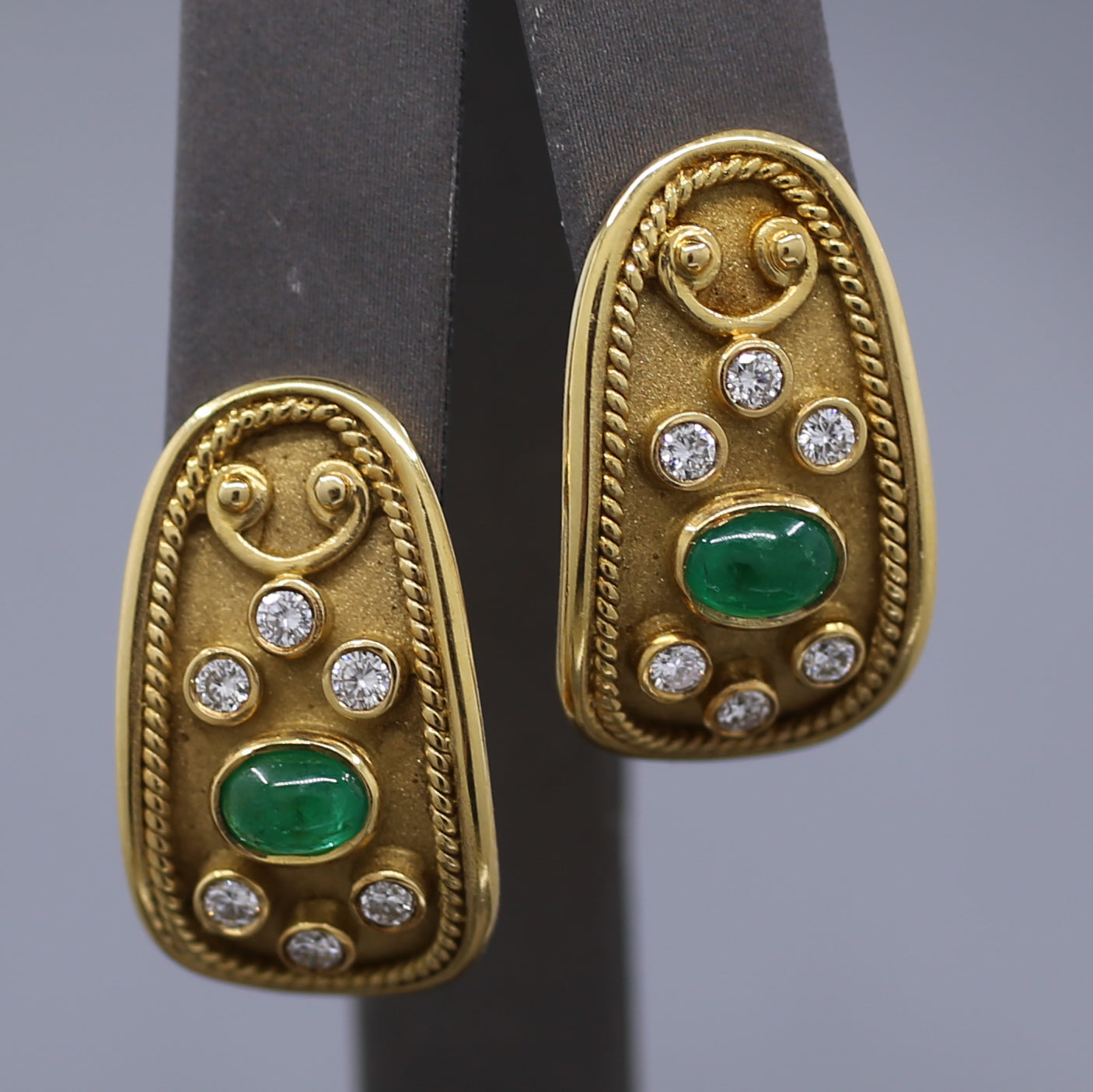 Etruscan Revival Bezel Set Emerald and Diamond Earrings in 18k Yellow Gold