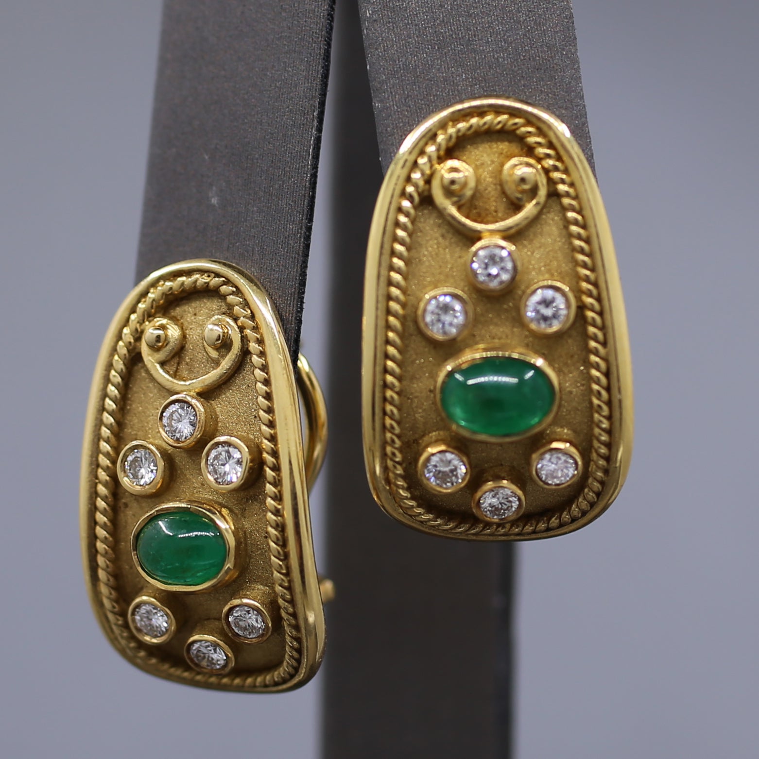 Etruscan Revival Bezel Set Emerald and Diamond Earrings in 18k Yellow Gold