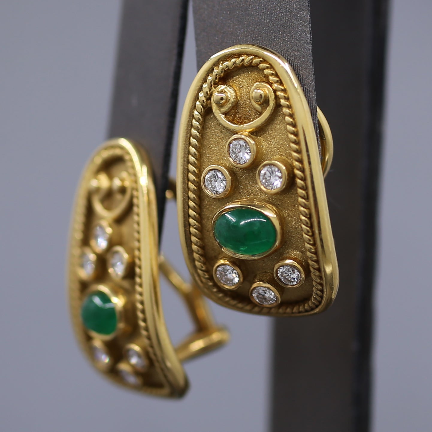 Etruscan Revival Bezel Set Emerald and Diamond Earrings in 18k Yellow Gold