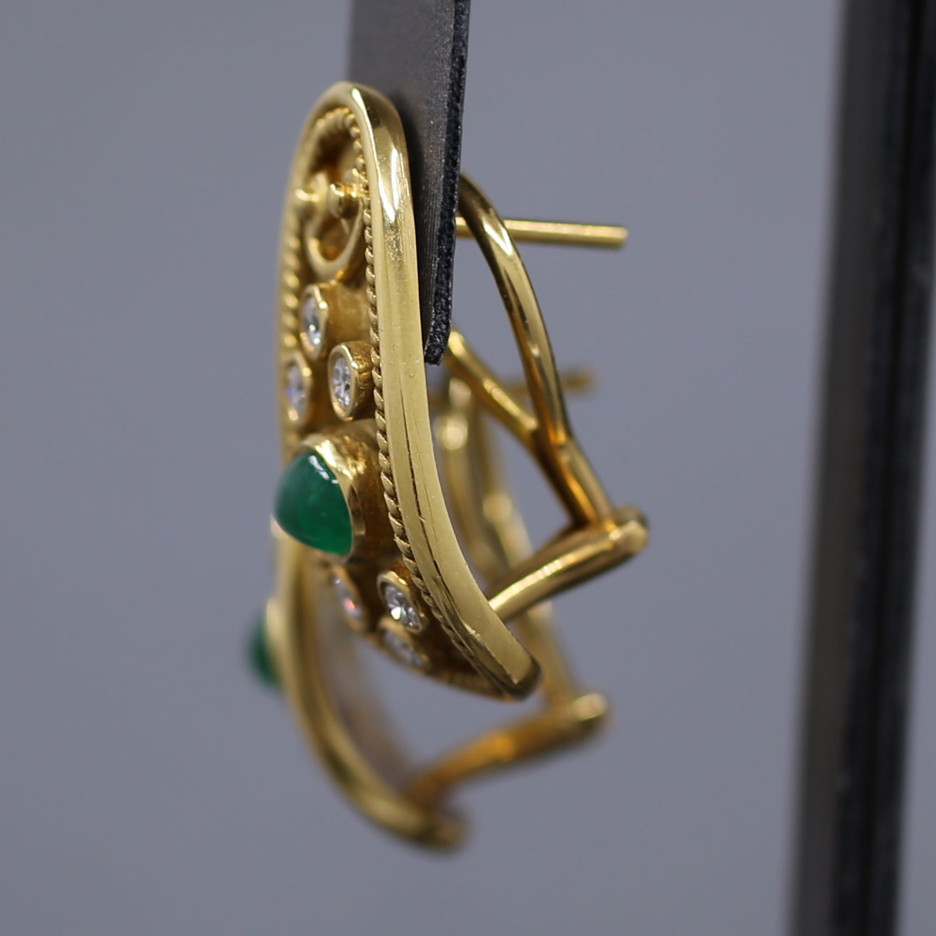Etruscan Revival Bezel Set Emerald and Diamond Earrings in 18k Yellow Gold