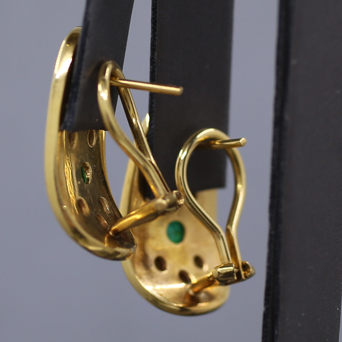 Etruscan Revival Bezel Set Emerald and Diamond Earrings in 18k Yellow Gold