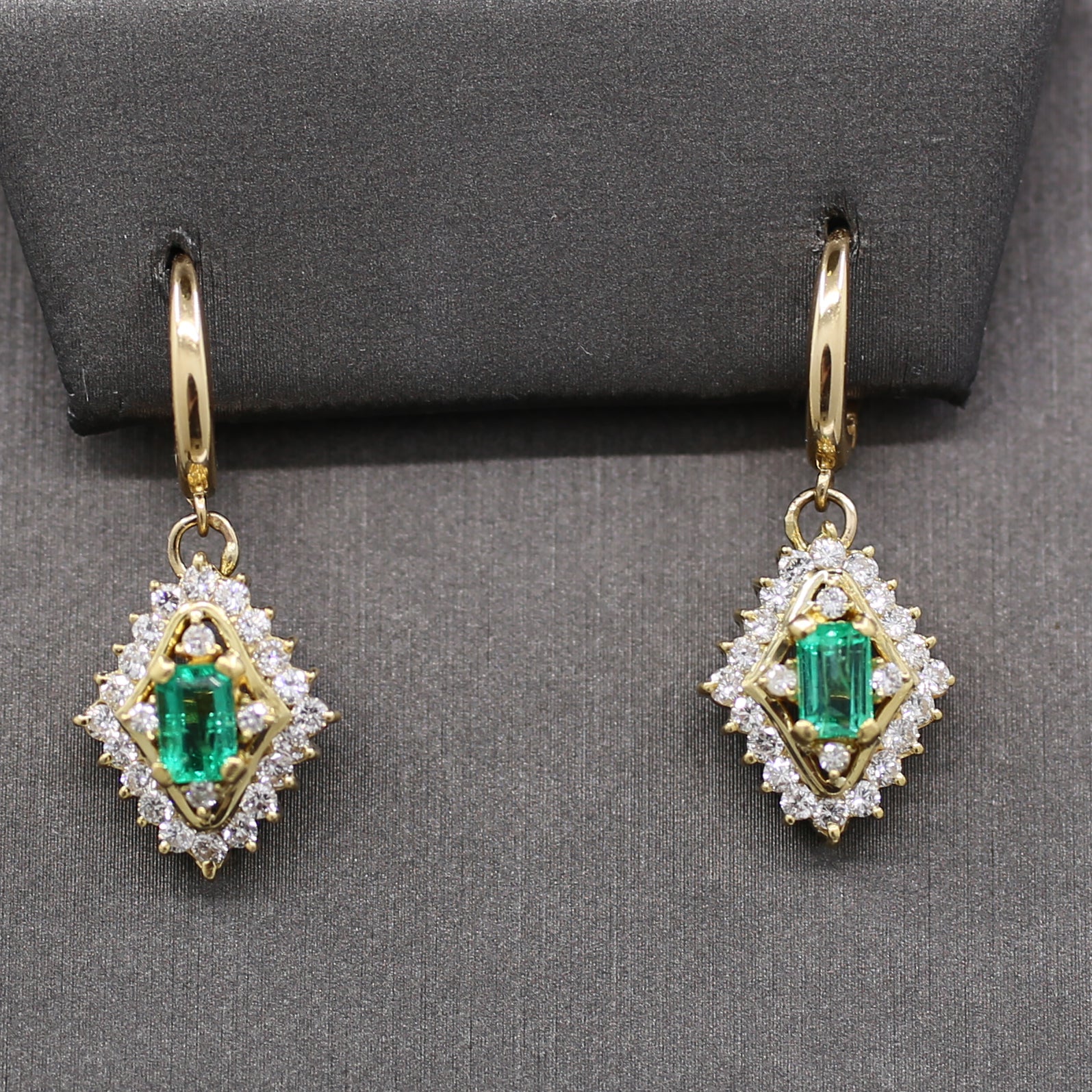 Gorgeous Green Emerald and Diamond Dangle Earrings in 18k Yellow Gold