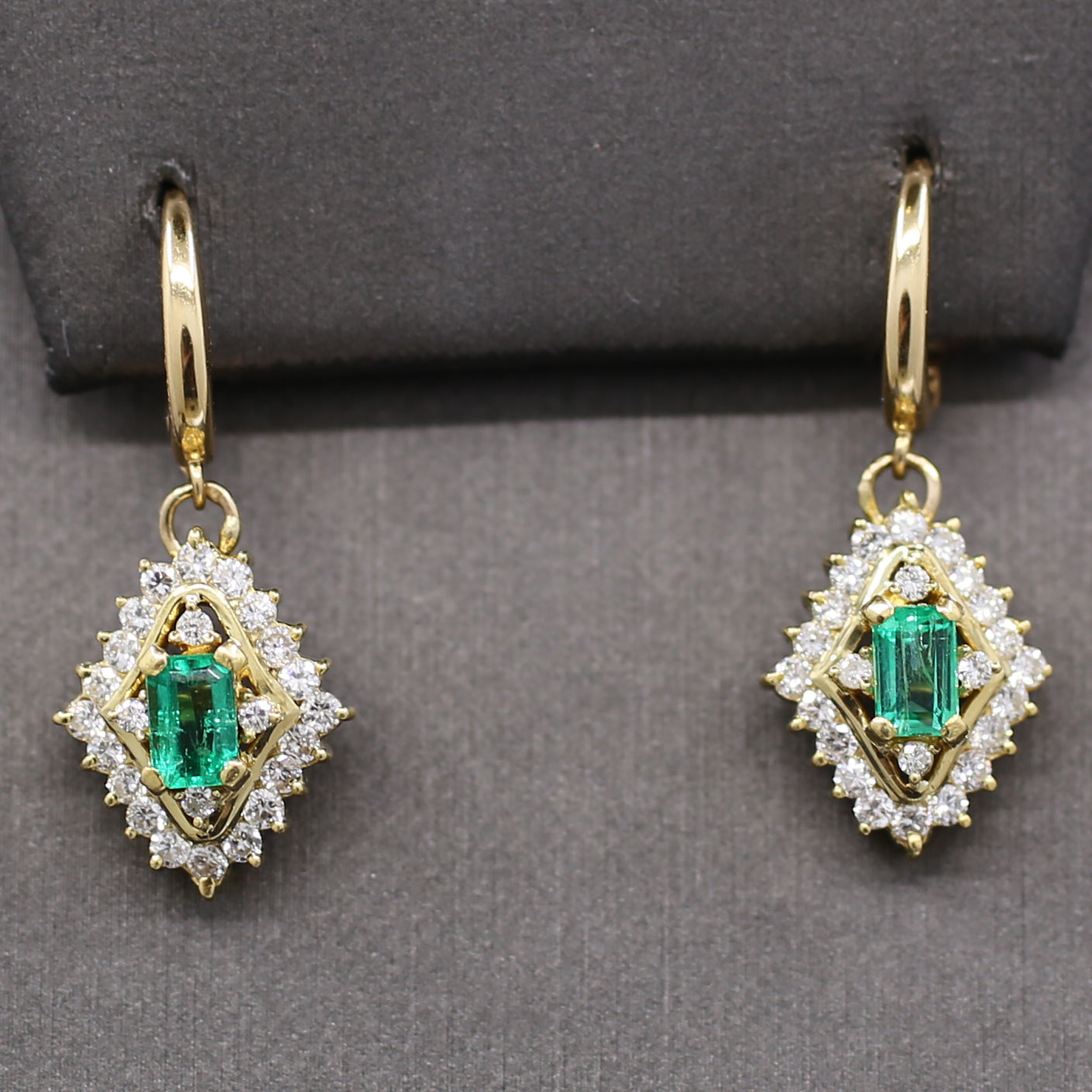Gorgeous Green Emerald and Diamond Dangle Earrings in 18k Yellow Gold