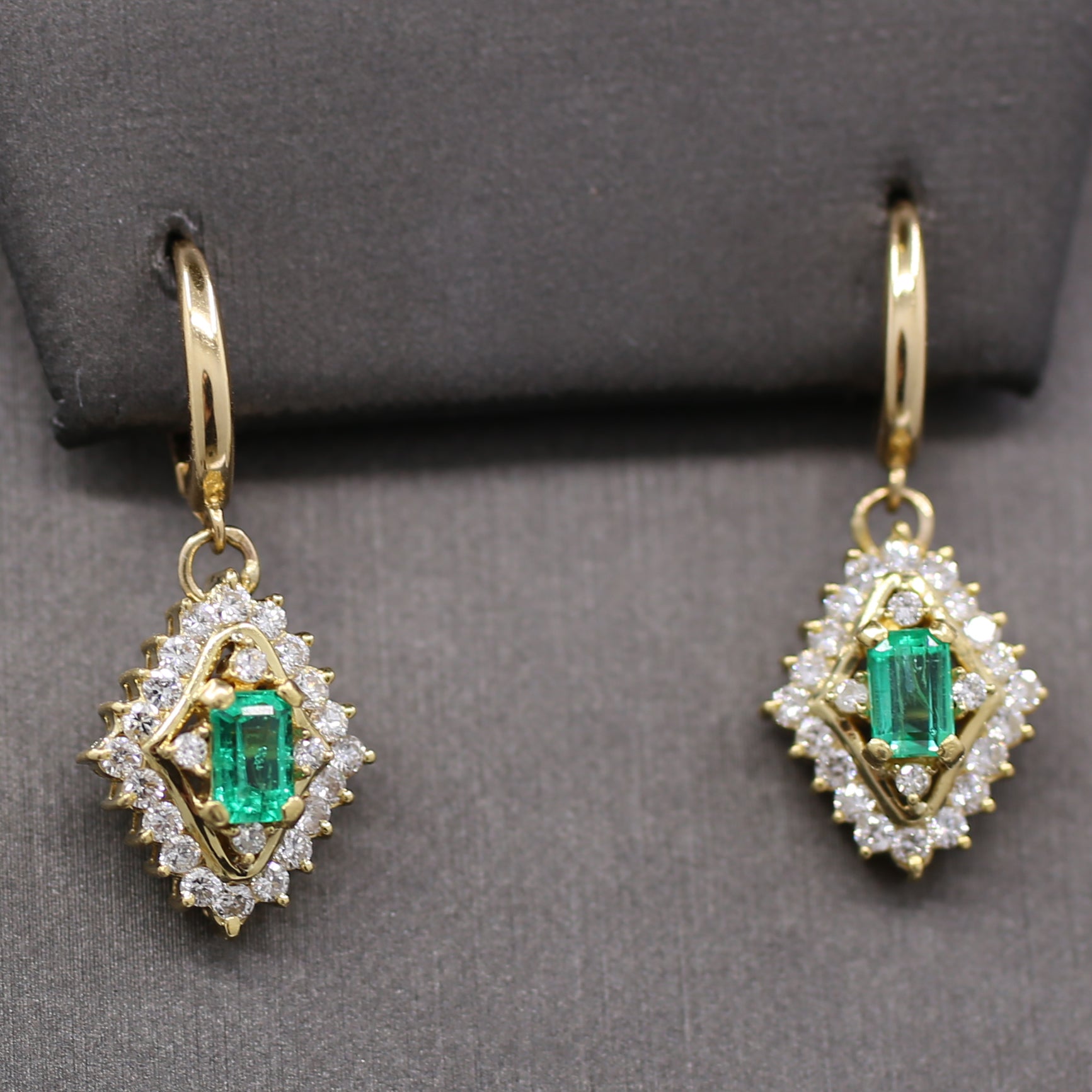 Gorgeous Green Emerald and Diamond Dangle Earrings in 18k Yellow Gold