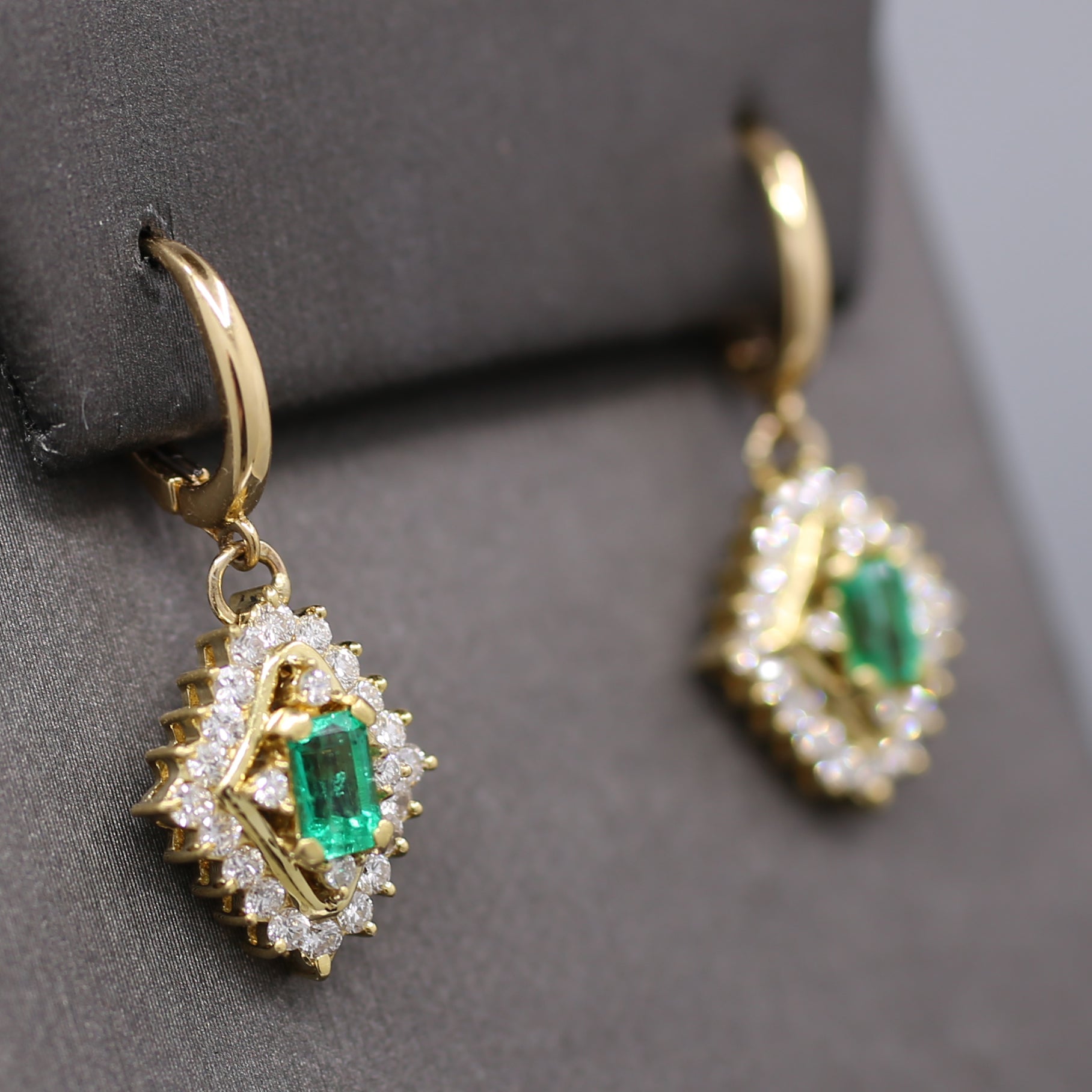 Gorgeous Green Emerald and Diamond Dangle Earrings in 18k Yellow Gold