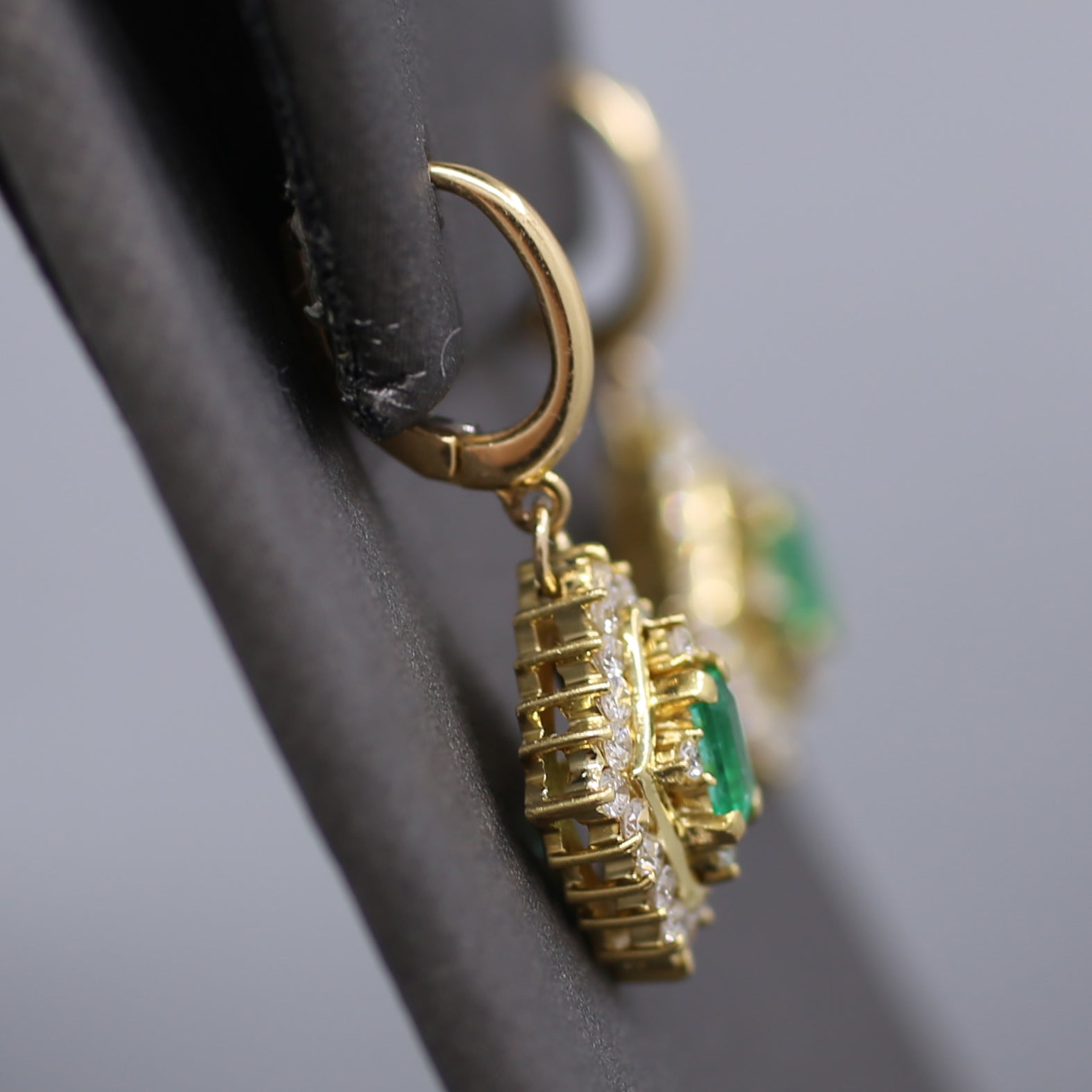 Gorgeous Green Emerald and Diamond Dangle Earrings in 18k Yellow Gold