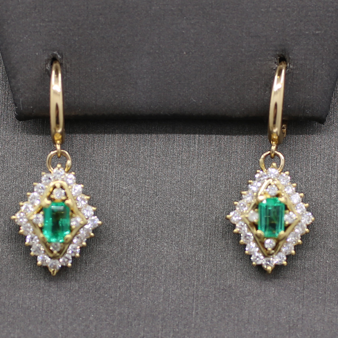 Gorgeous Green Emerald and Diamond Dangle Earrings in 18k Yellow Gold