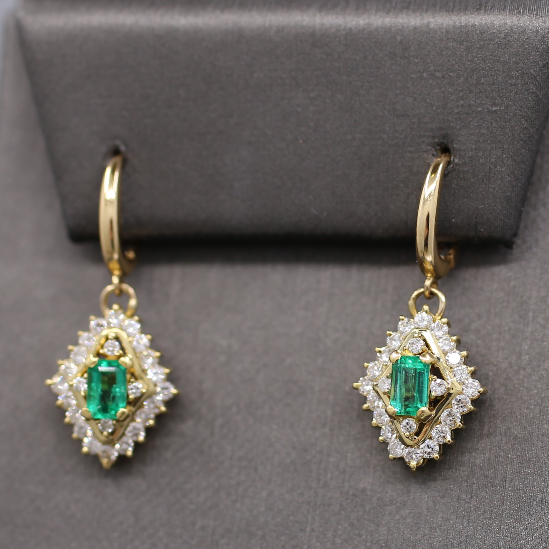 Gorgeous Green Emerald and Diamond Dangle Earrings in 18k Yellow Gold