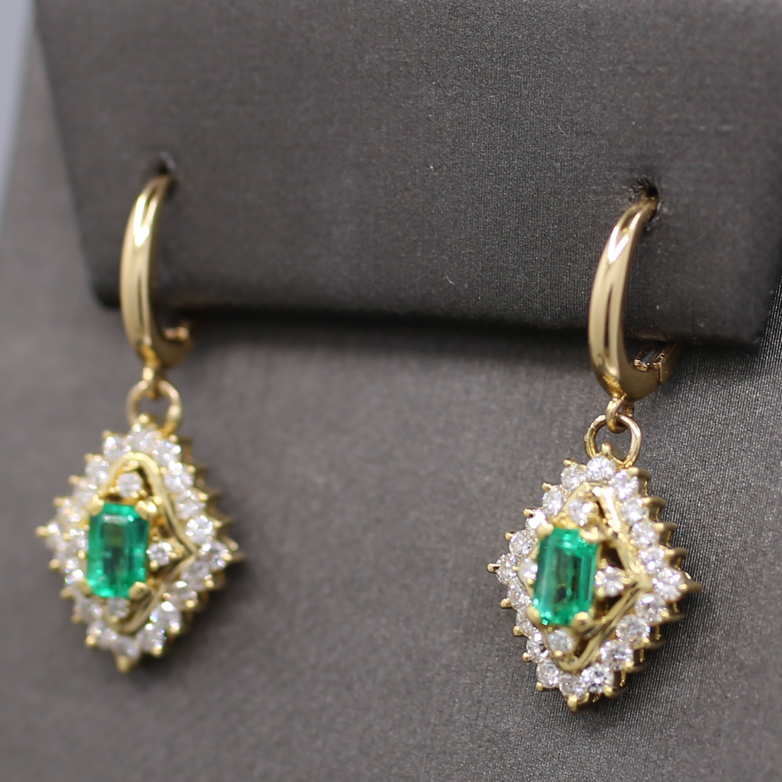 Gorgeous Green Emerald and Diamond Dangle Earrings in 18k Yellow Gold