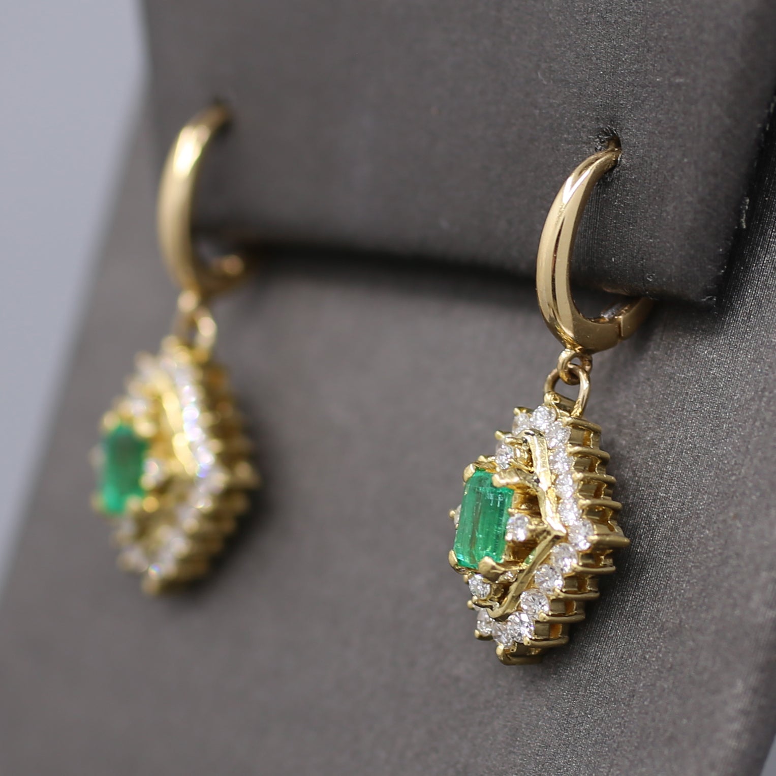 Gorgeous Green Emerald and Diamond Dangle Earrings in 18k Yellow Gold