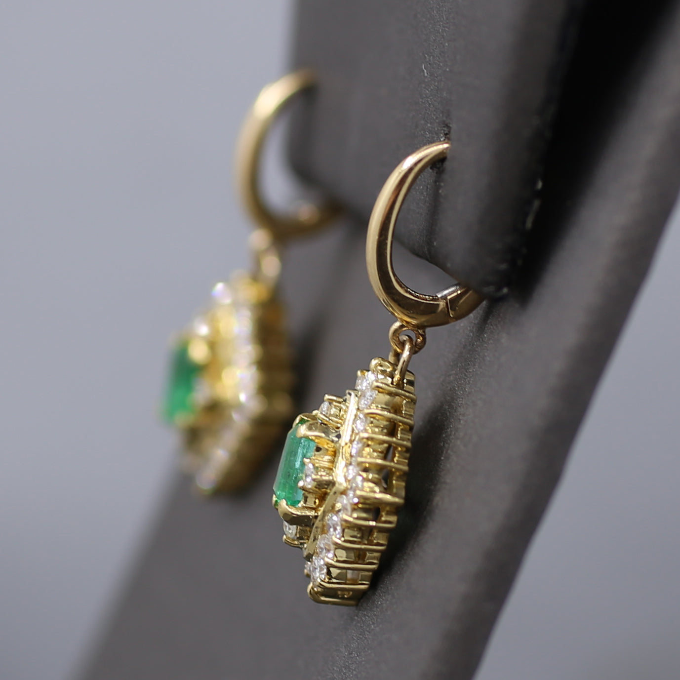 Gorgeous Green Emerald and Diamond Dangle Earrings in 18k Yellow Gold