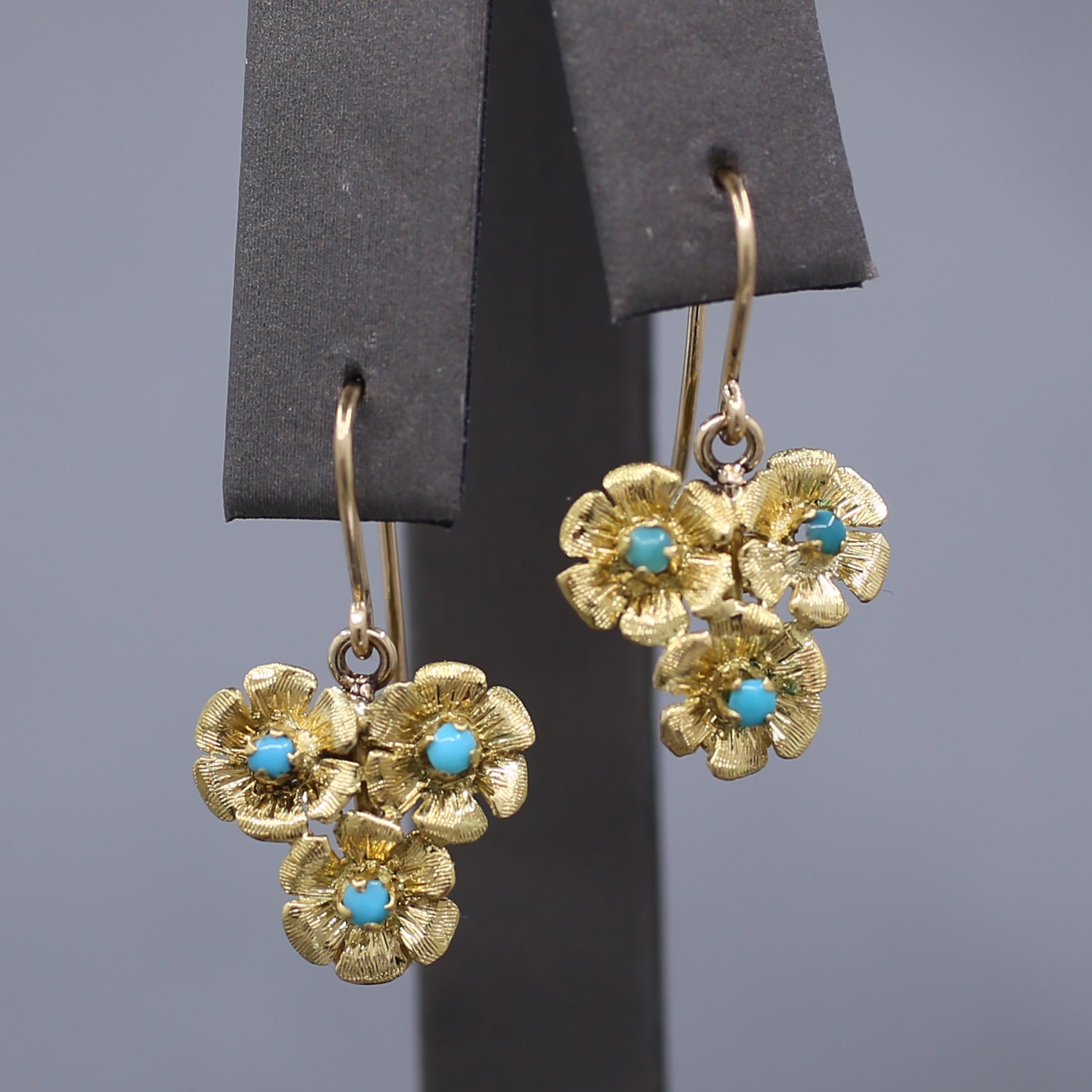 Antique Turquoise Floral Flower Trio Dangle Earrings in 18k Yellow Gold by Birks