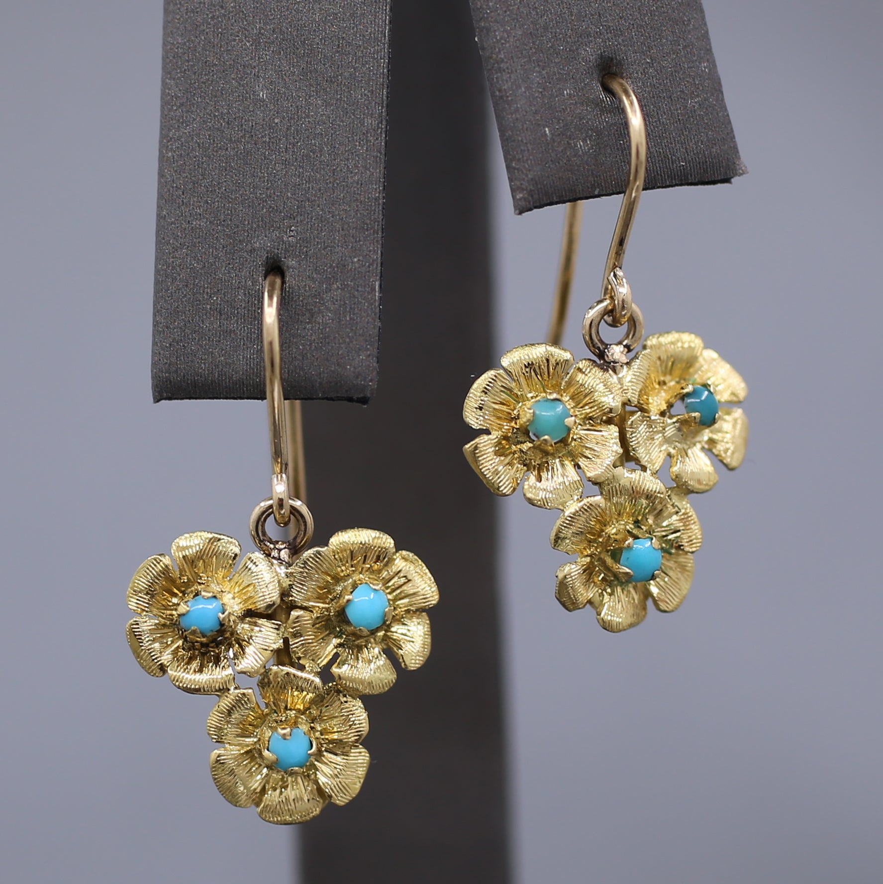 Antique Turquoise Floral Flower Trio Dangle Earrings in 18k Yellow Gold by Birks