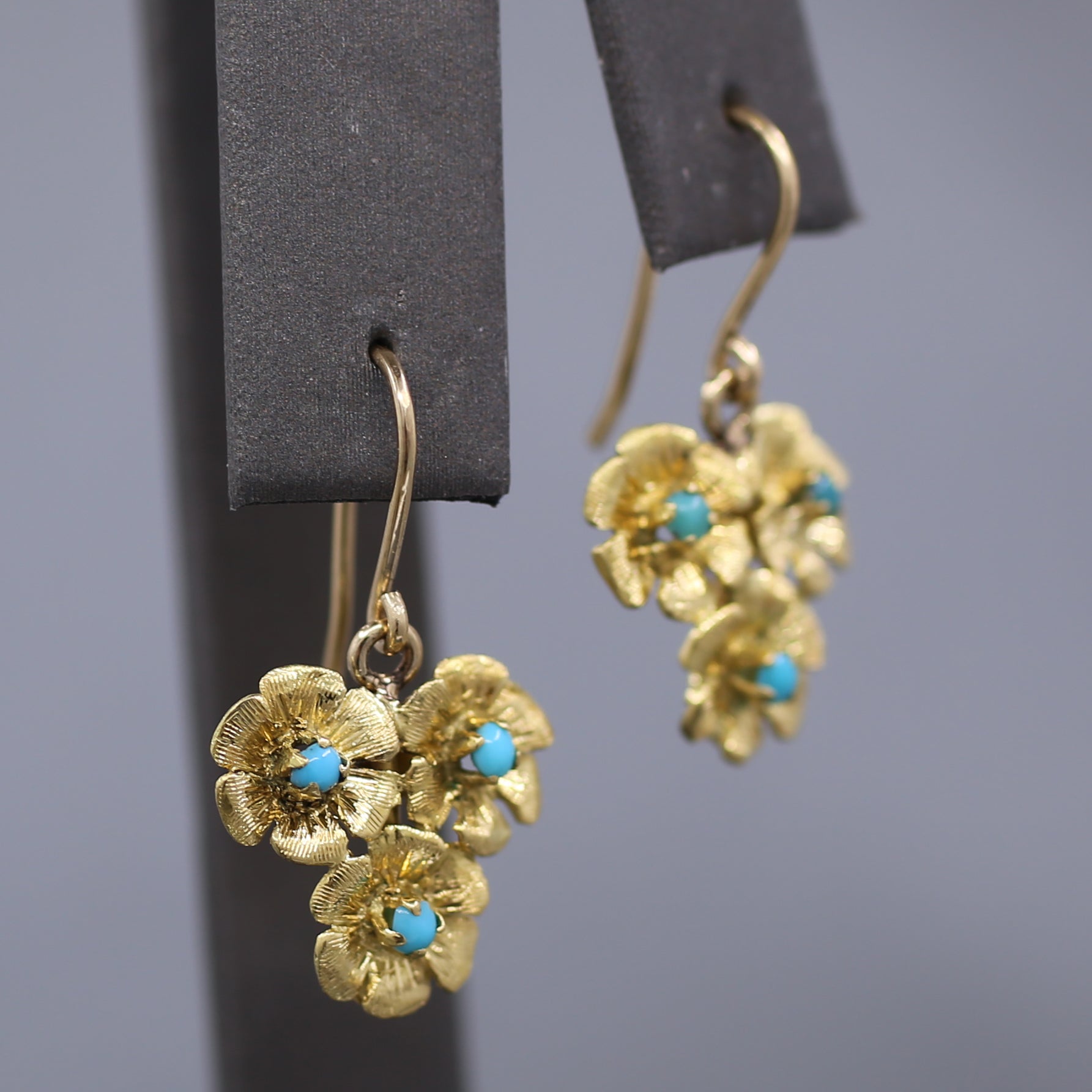 Antique Turquoise Floral Flower Trio Dangle Earrings in 18k Yellow Gold by Birks