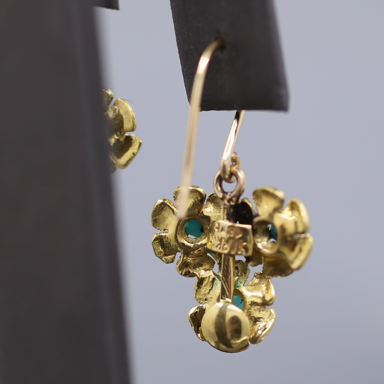Antique Turquoise Floral Flower Trio Dangle Earrings in 18k Yellow Gold by Birks