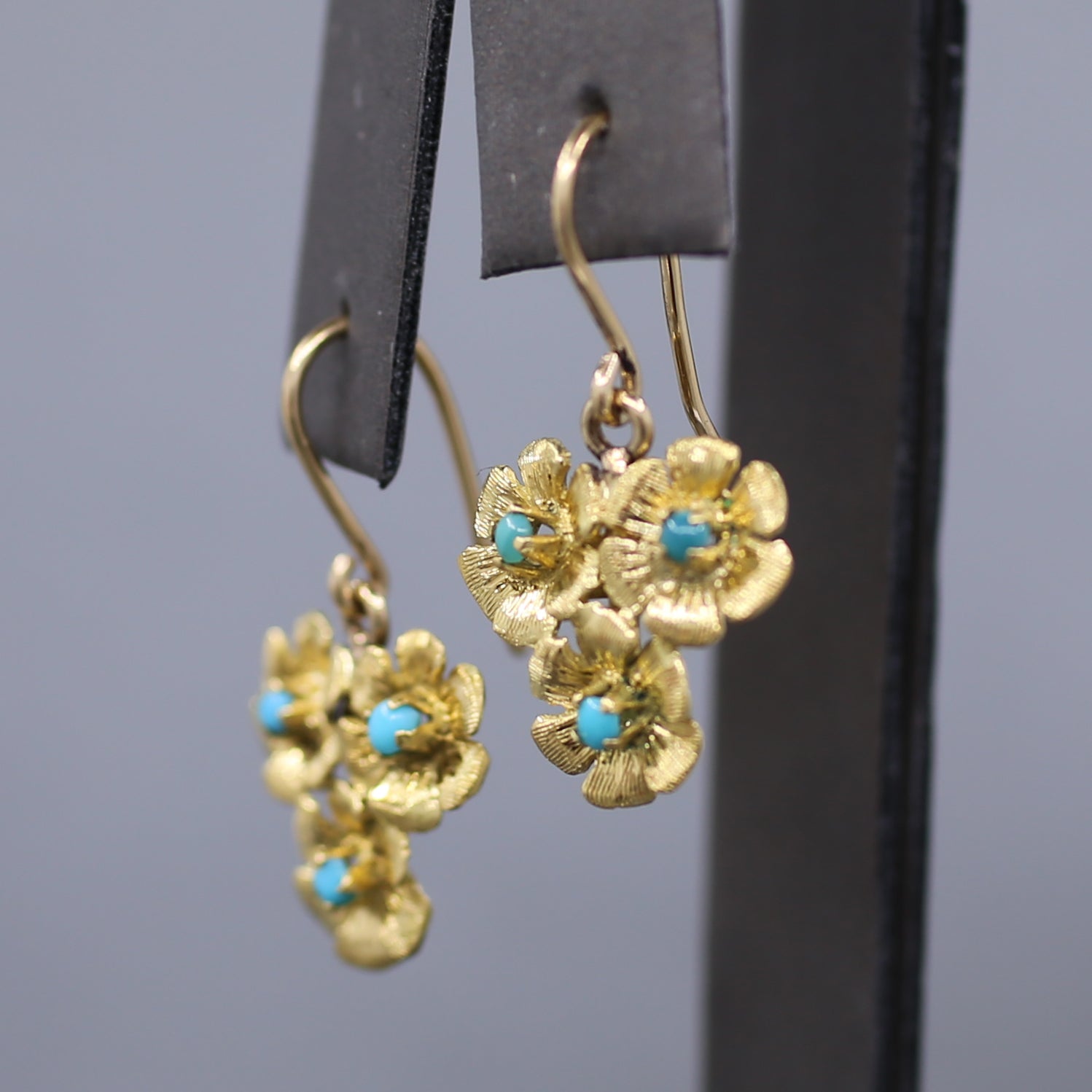 Antique Turquoise Floral Flower Trio Dangle Earrings in 18k Yellow Gold by Birks