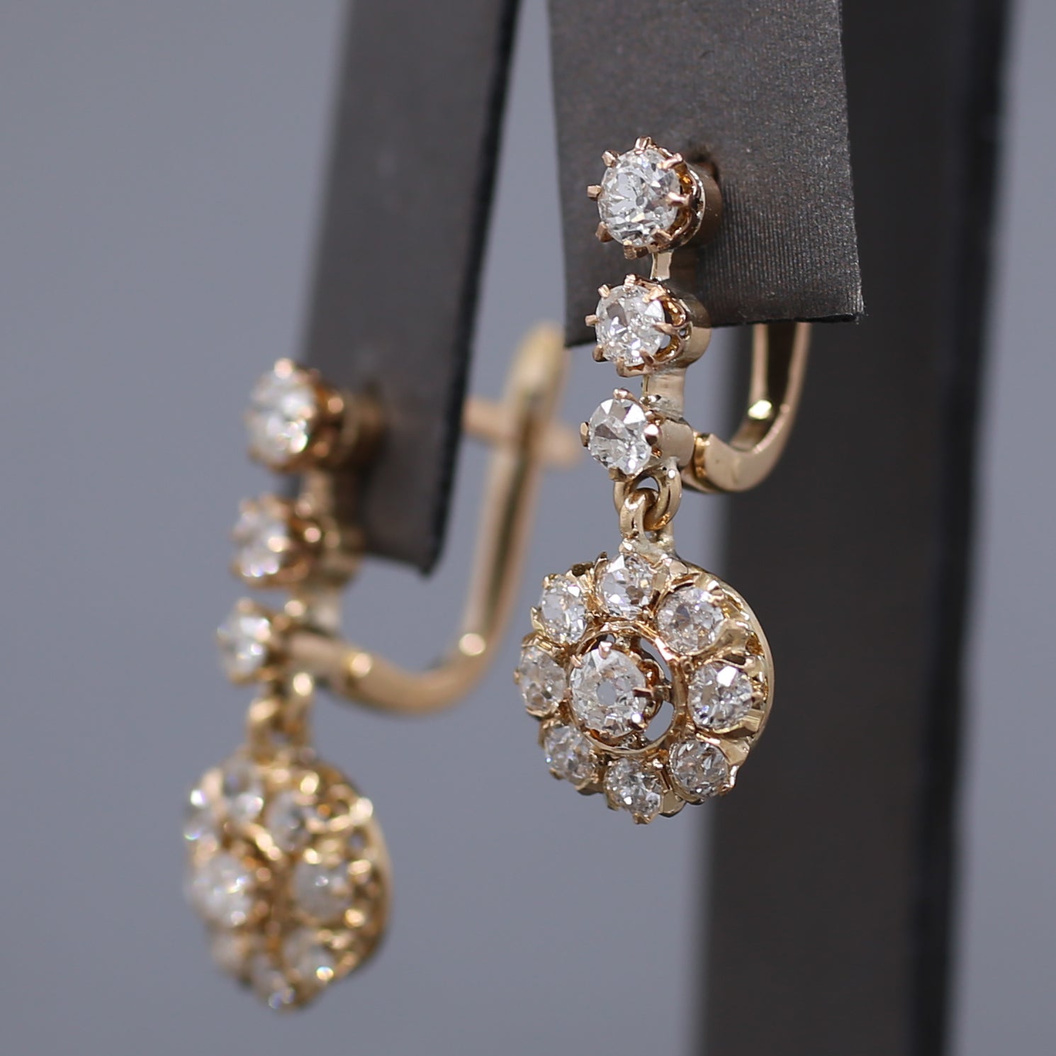 Sparkling Antique Victorian Old Cut Diamond Dangle Earrings in 14k Rose Gold