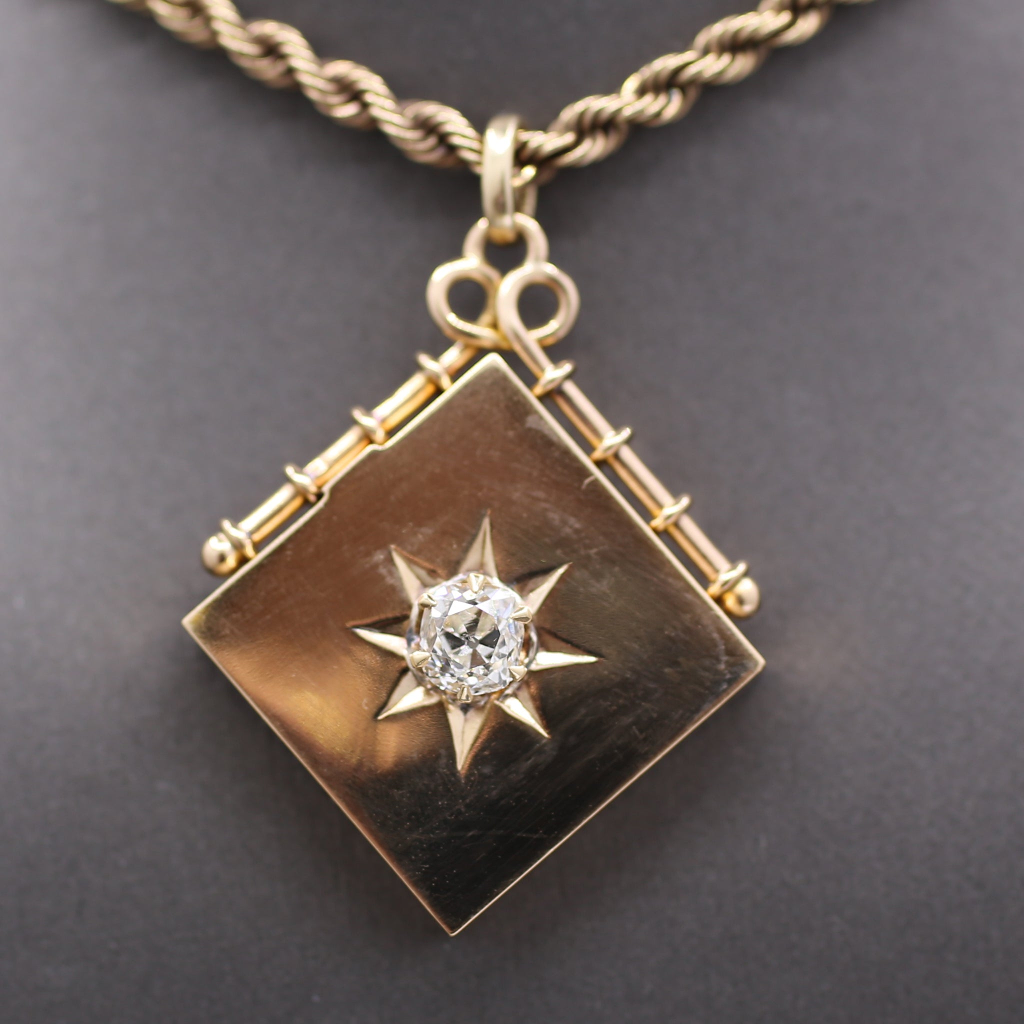 Exquisite Antique Victorian Square Locket with Old Mine Cut Diamond Center in 14k Rosy Yellow Gold