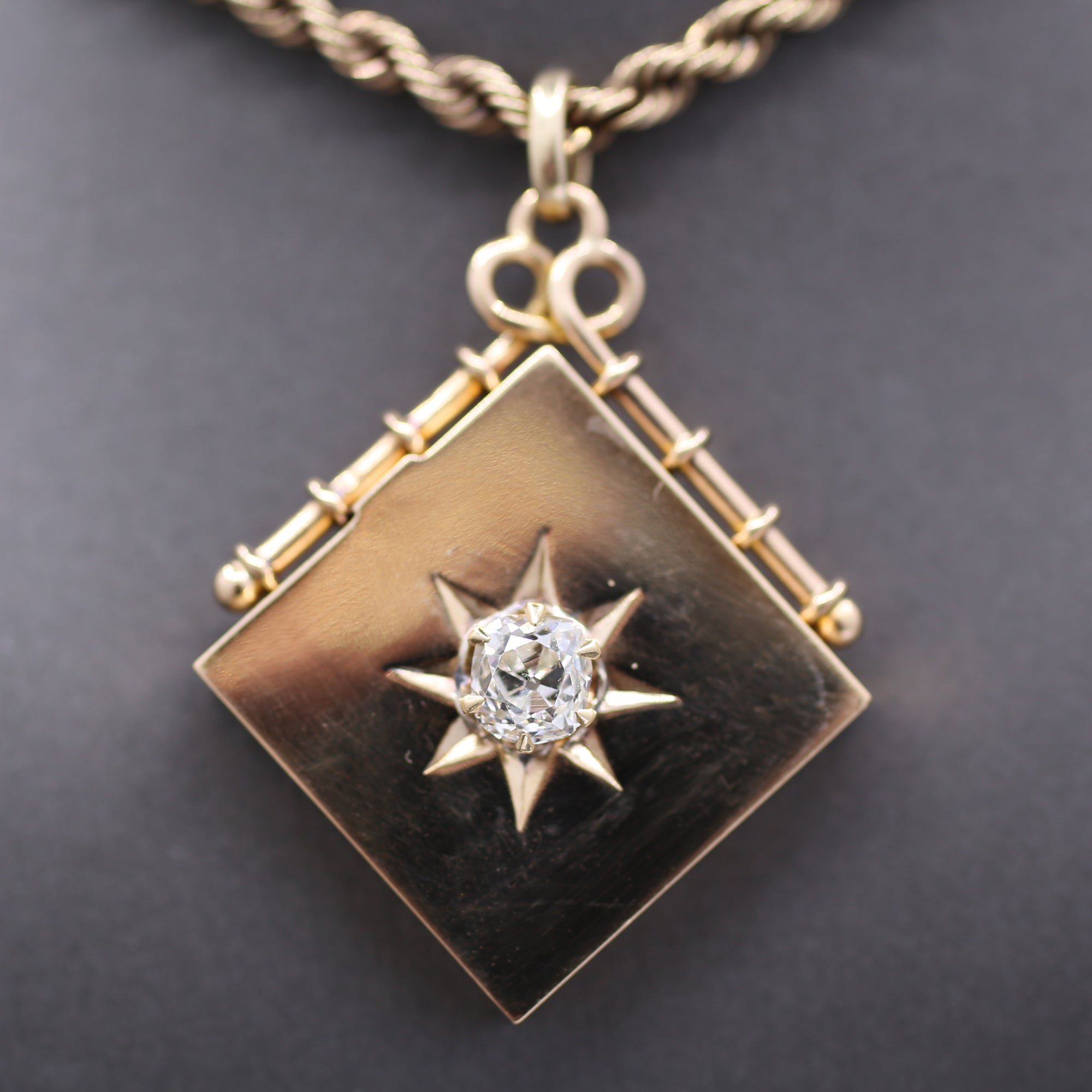 Exquisite Antique Victorian Square Locket with Old Mine Cut Diamond Center in 14k Rosy Yellow Gold