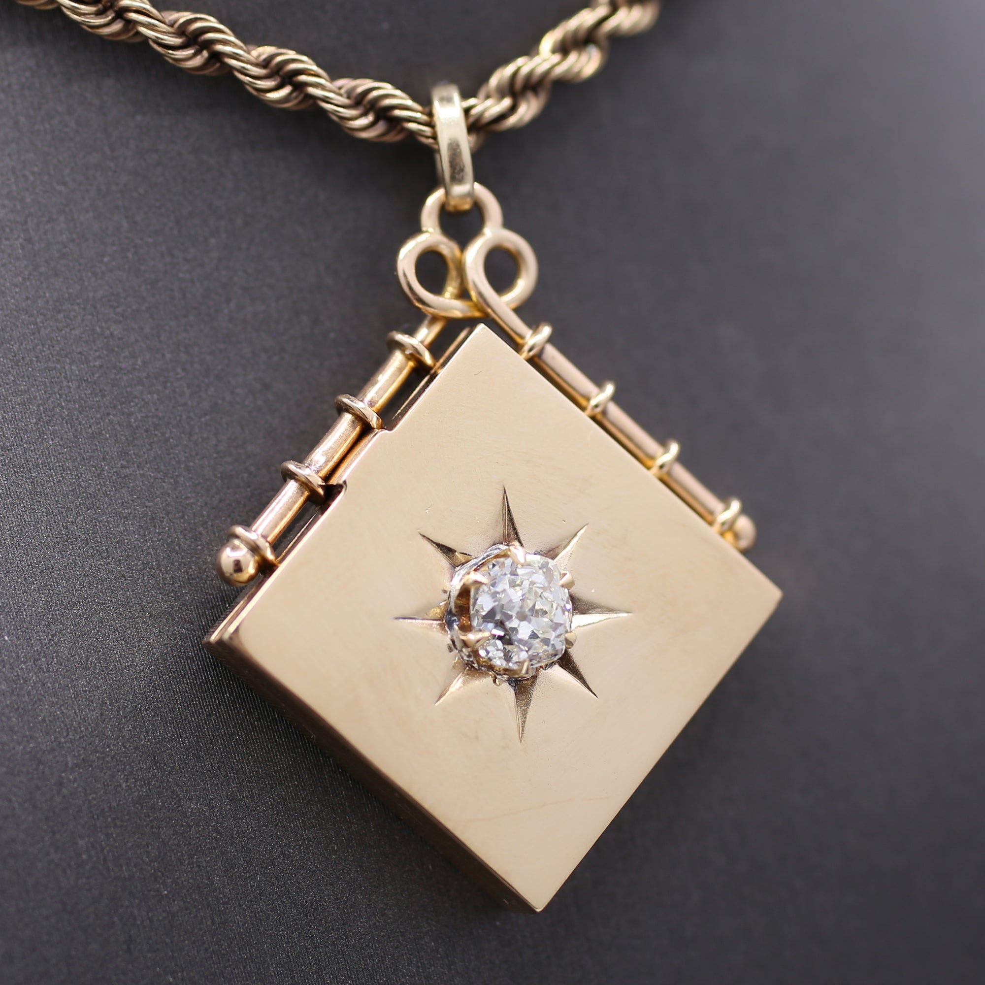 Exquisite Antique Victorian Square Locket with Old Mine Cut Diamond Center in 14k Rosy Yellow Gold