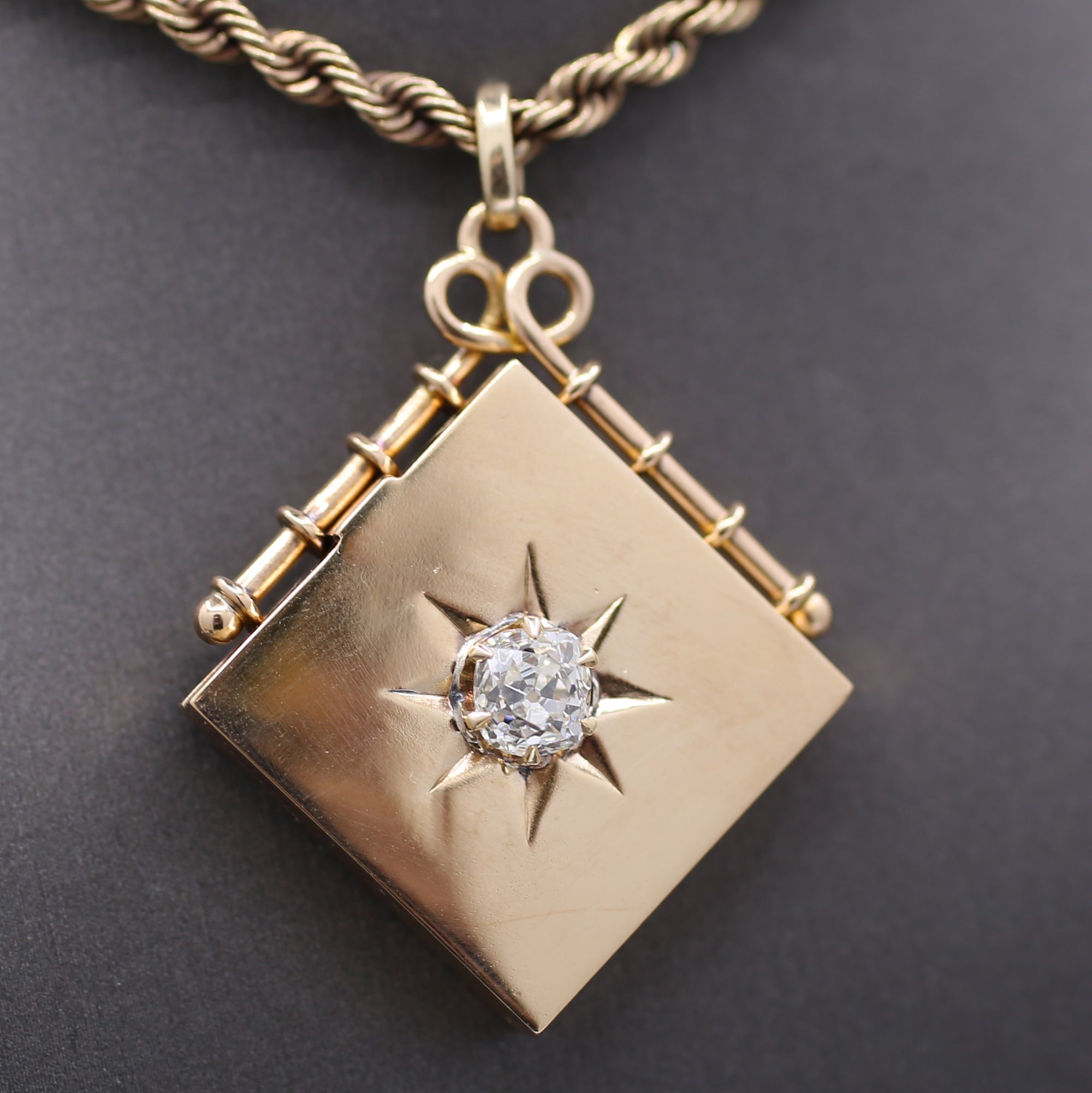 Exquisite Antique Victorian Square Locket with Old Mine Cut Diamond Center in 14k Rosy Yellow Gold