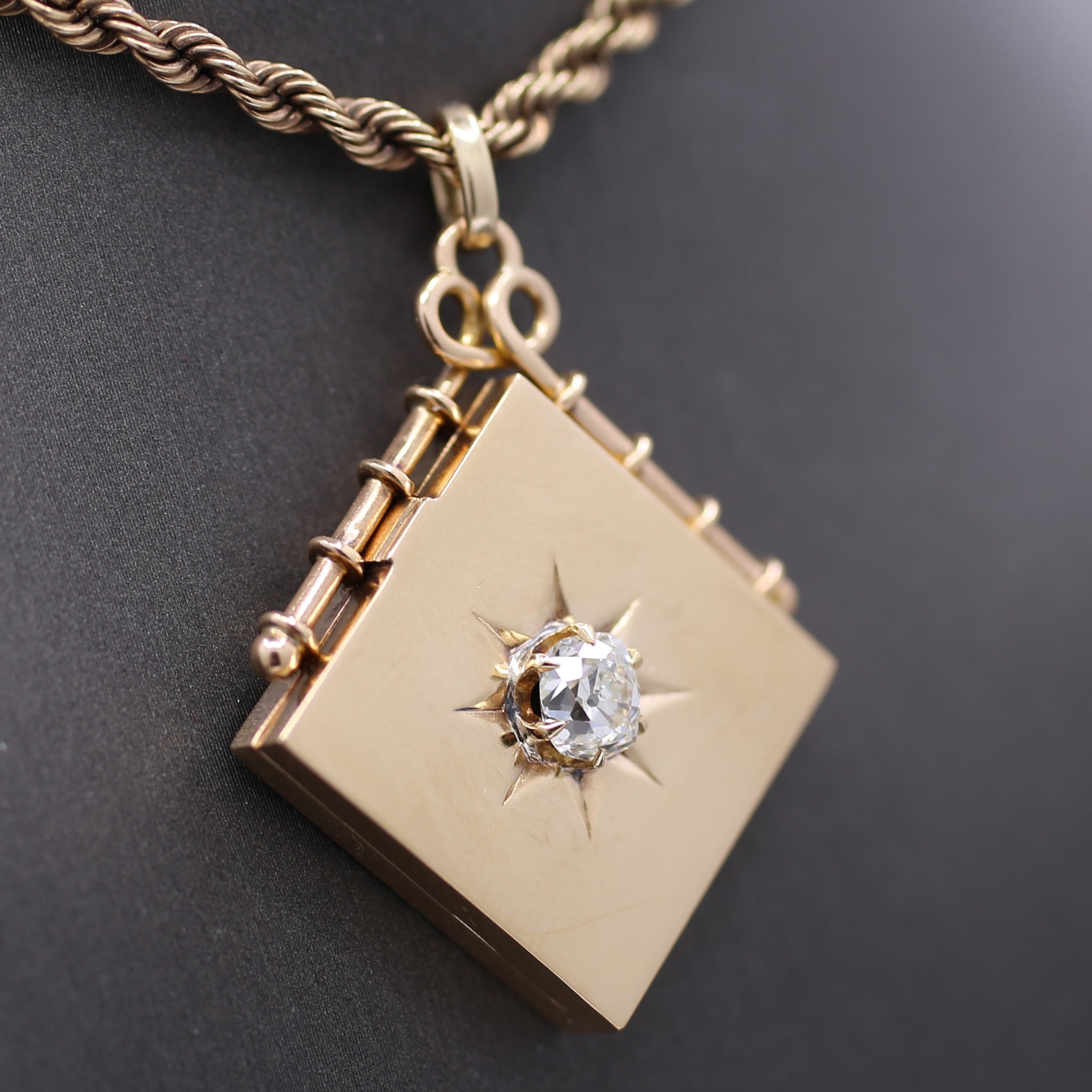 Exquisite Antique Victorian Square Locket with Old Mine Cut Diamond Center in 14k Rosy Yellow Gold