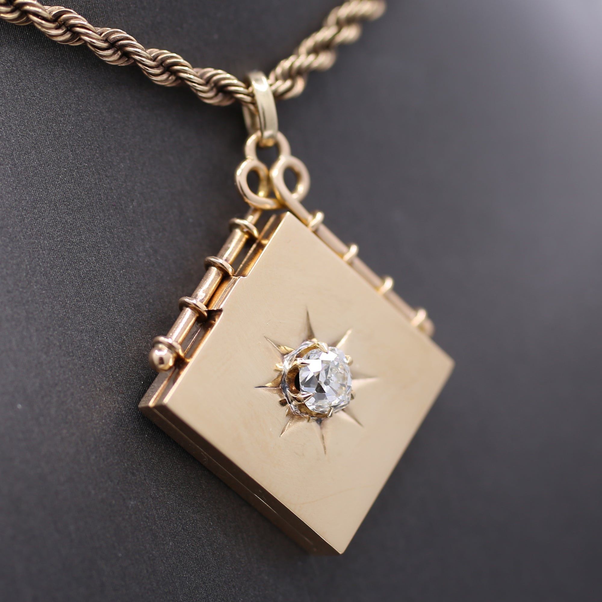 Exquisite Antique Victorian Square Locket with Old Mine Cut Diamond Center in 14k Rosy Yellow Gold