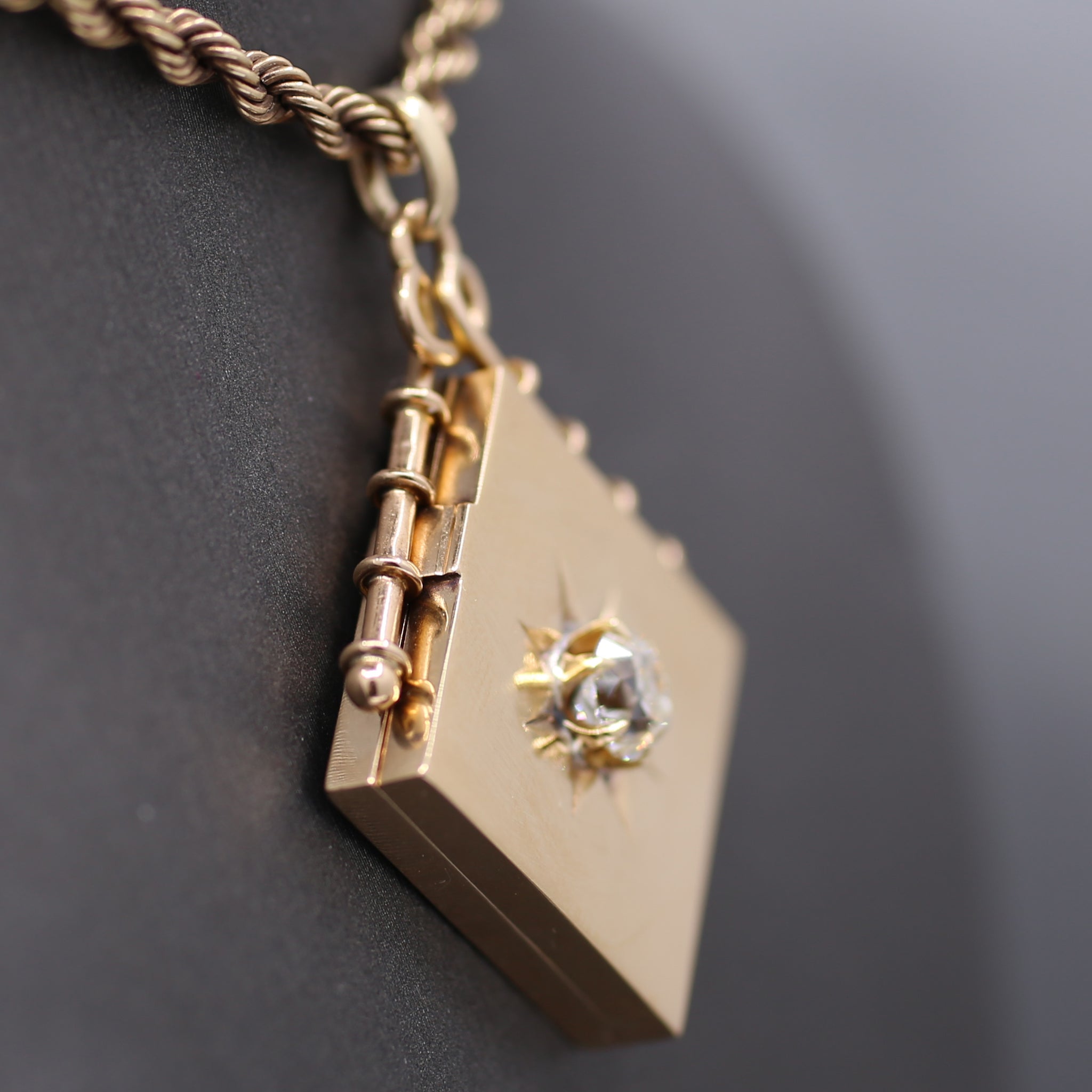 Exquisite Antique Victorian Square Locket with Old Mine Cut Diamond Center in 14k Rosy Yellow Gold