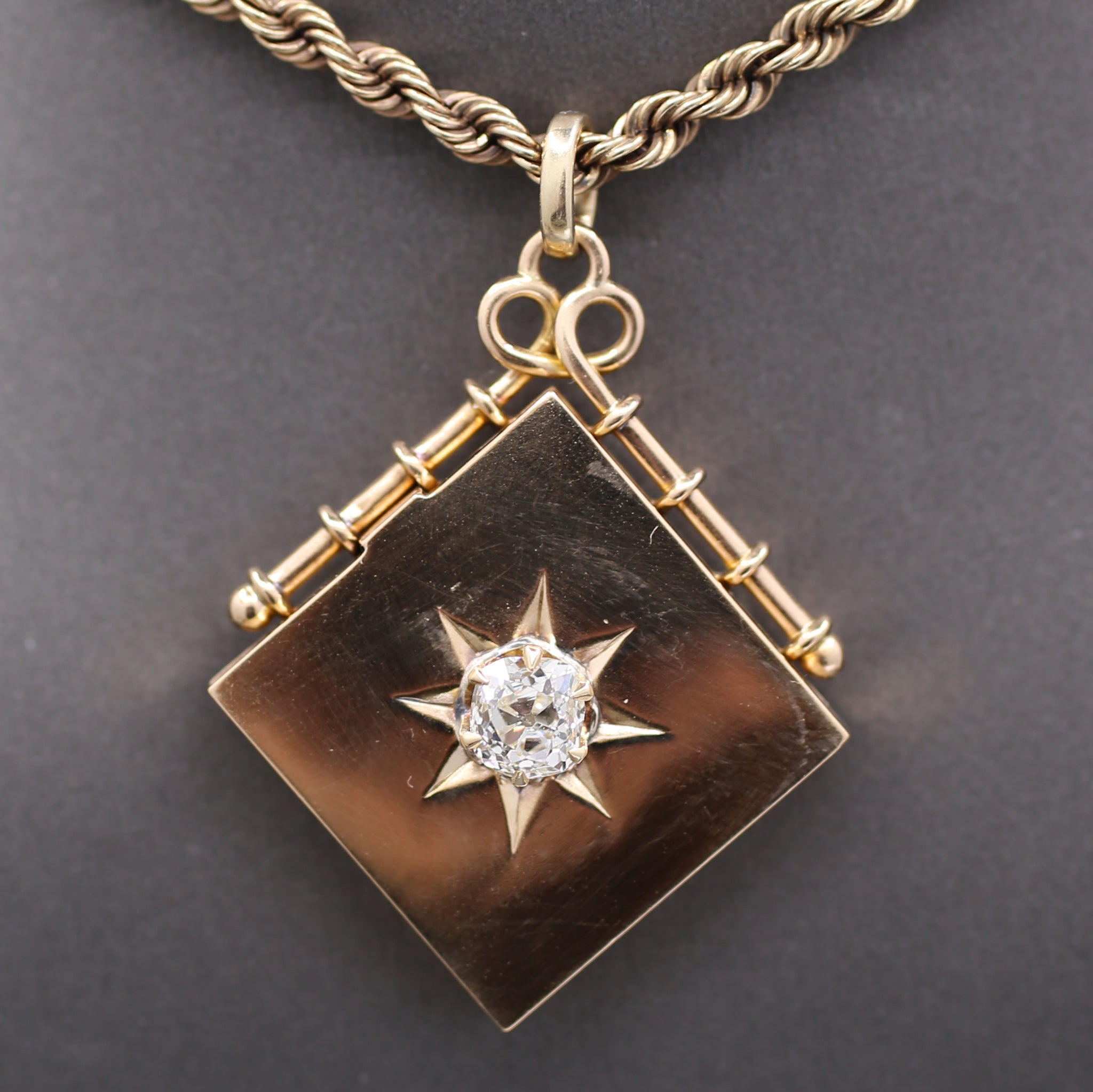 Exquisite Antique Victorian Square Locket with Old Mine Cut Diamond Center in 14k Rosy Yellow Gold