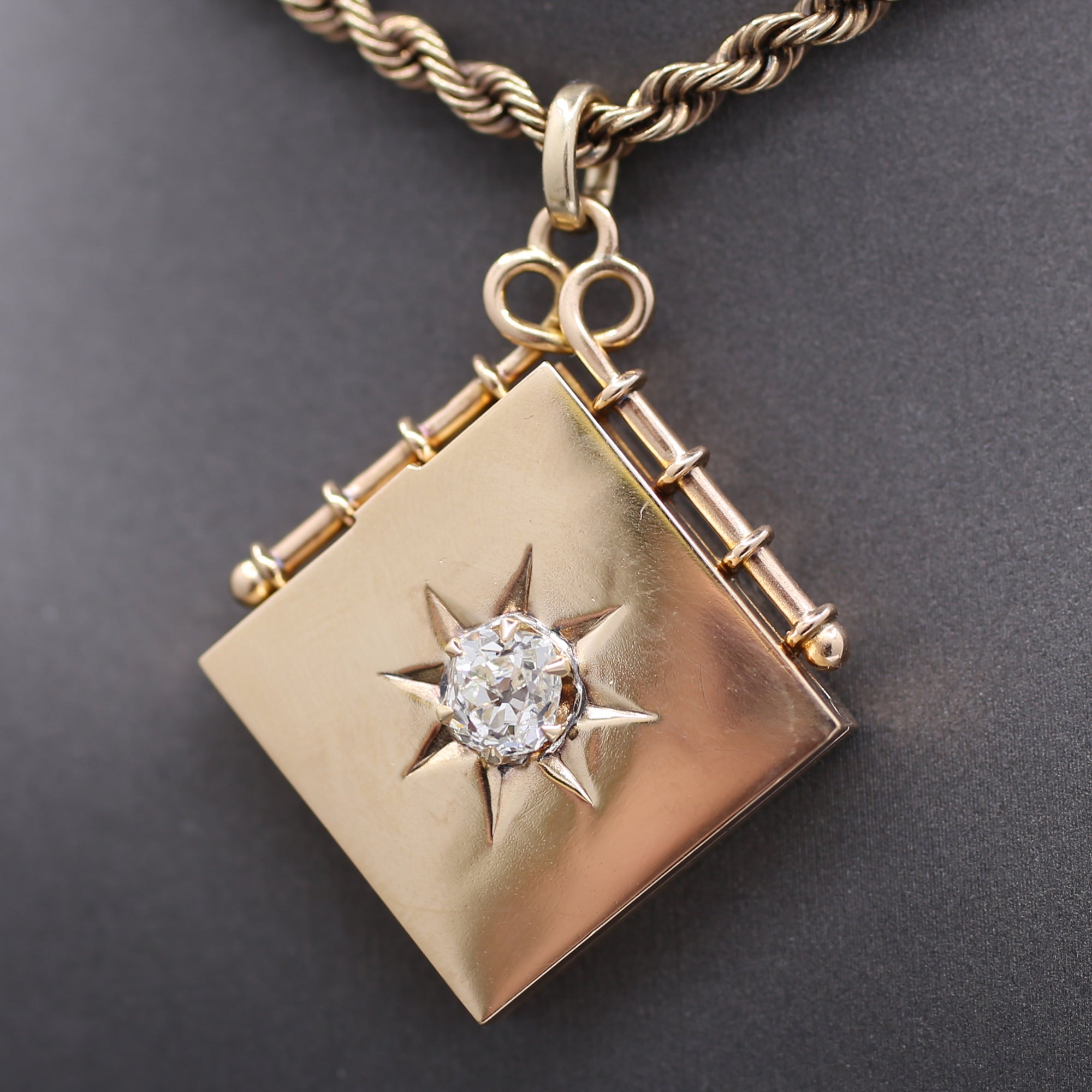 Exquisite Antique Victorian Square Locket with Old Mine Cut Diamond Center in 14k Rosy Yellow Gold