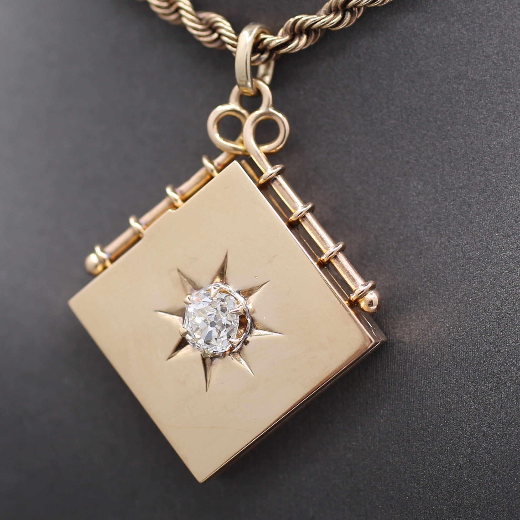 Exquisite Antique Victorian Square Locket with Old Mine Cut Diamond Center in 14k Rosy Yellow Gold